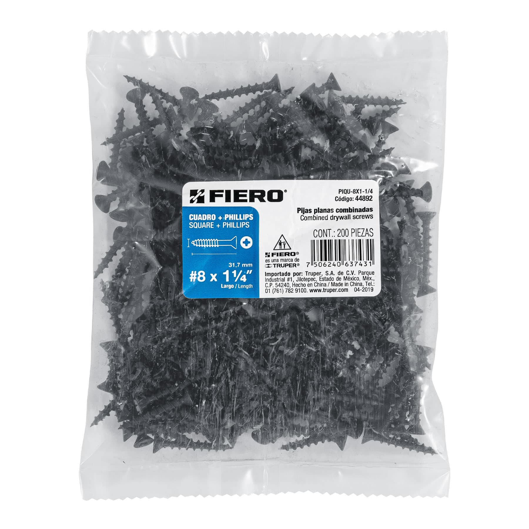 Bolsa con 200 pijas #8 x 1-1/4" combinadas (cuadro+Phillips)