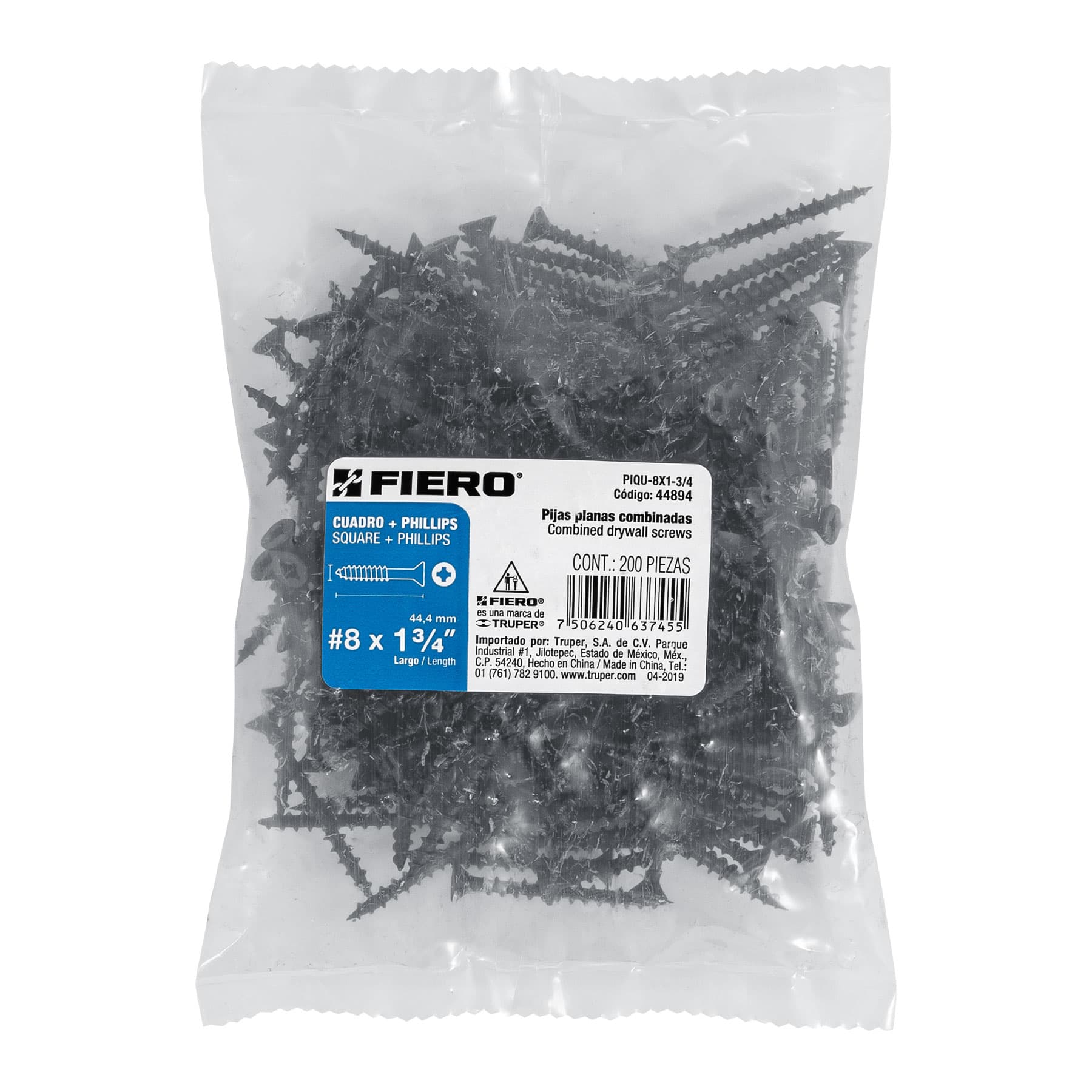 Bolsa con 200 pijas #8 x 1-3/4" combinadas (cuadro+Phillips)