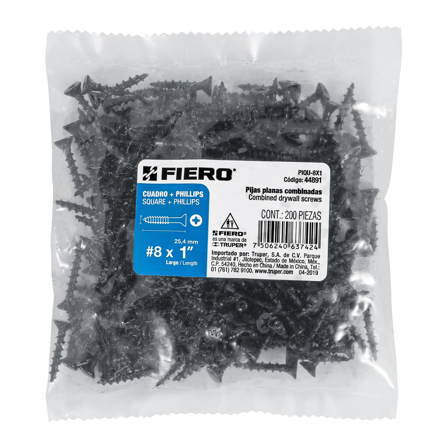 Bolsa con 200 pijas #8 x 1" combinadas (cuadro + Phillips)