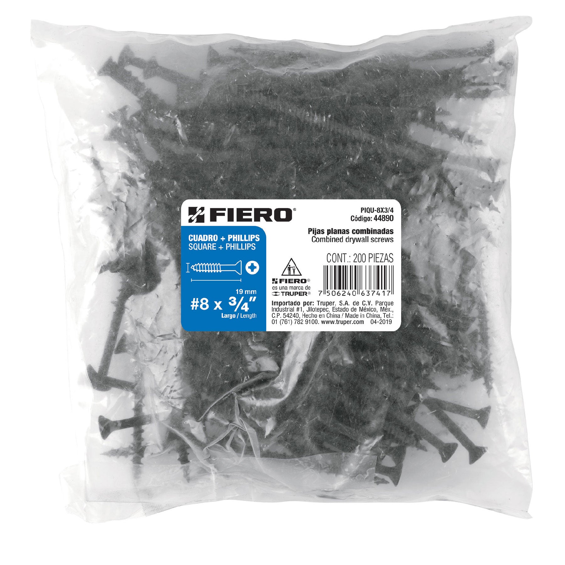 Bolsa con 200 pijas #8 x 3/4" combinadas (cuadro + Phillips)