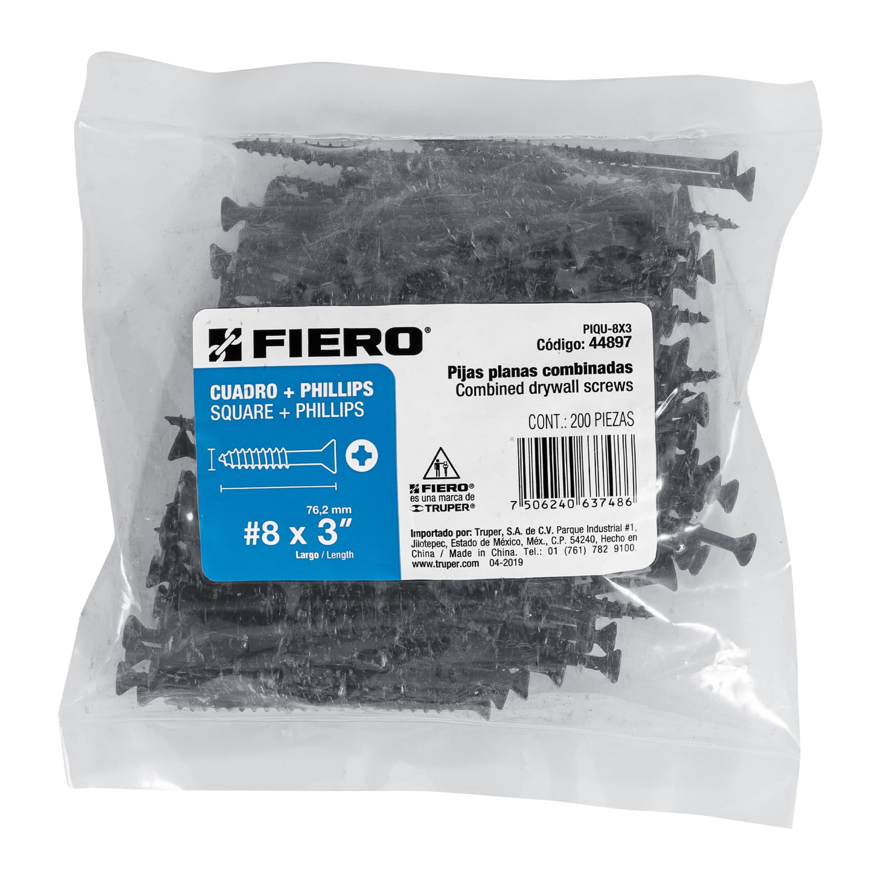Bolsa con 200 pijas #8 x 3" combinadas (cuadro + Phillips)