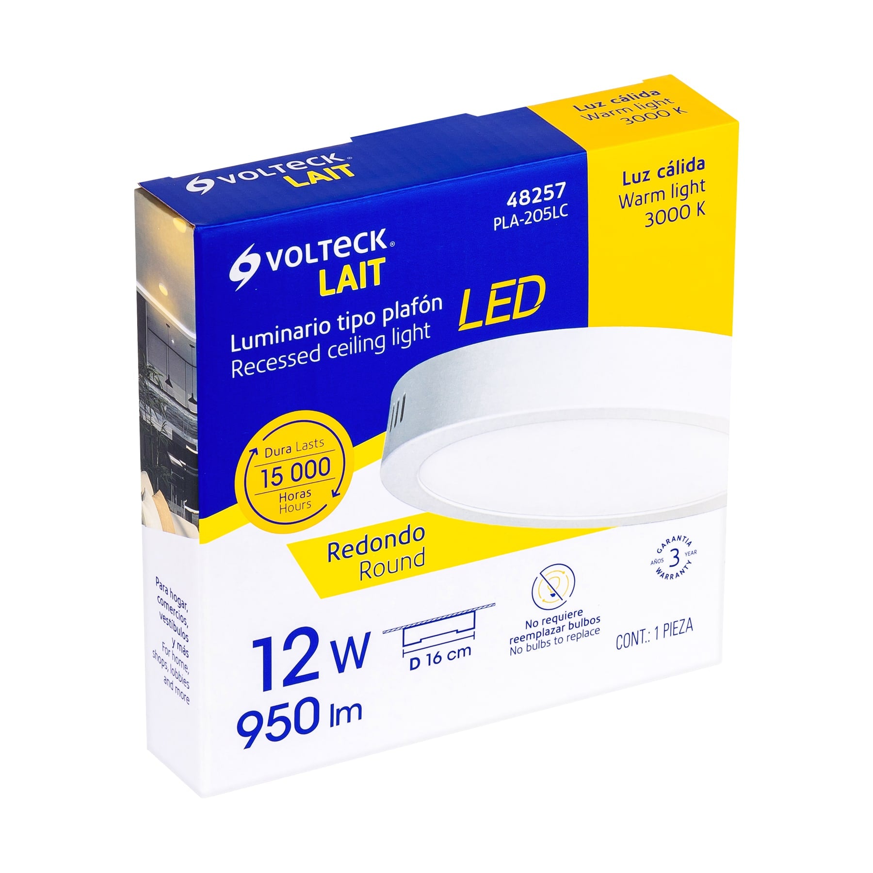 Luminario LED tipo plafón 12 W, redondo, luz cálida, blanco