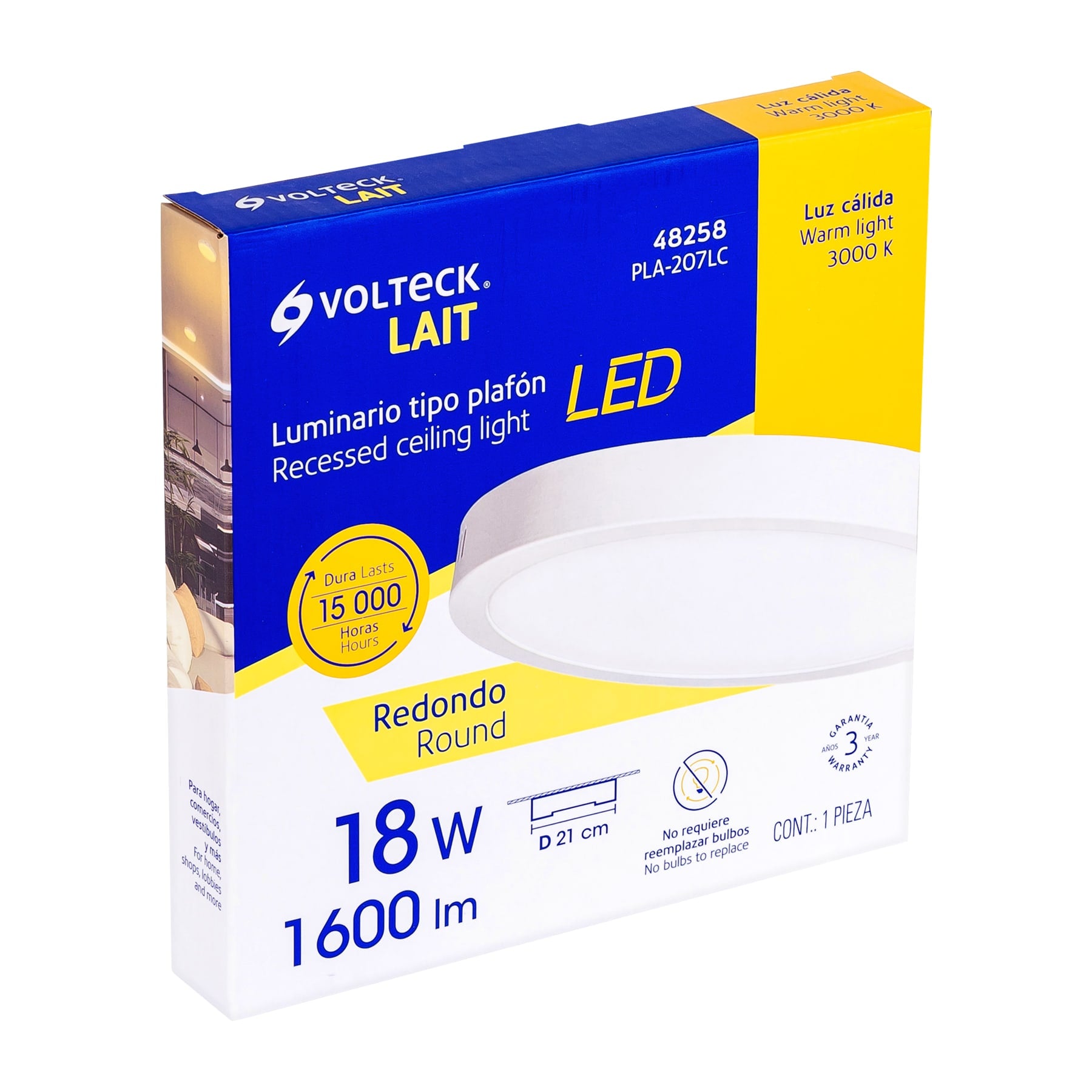 Luminario LED tipo plafón 18 W, redondo, luz cálida, blanco