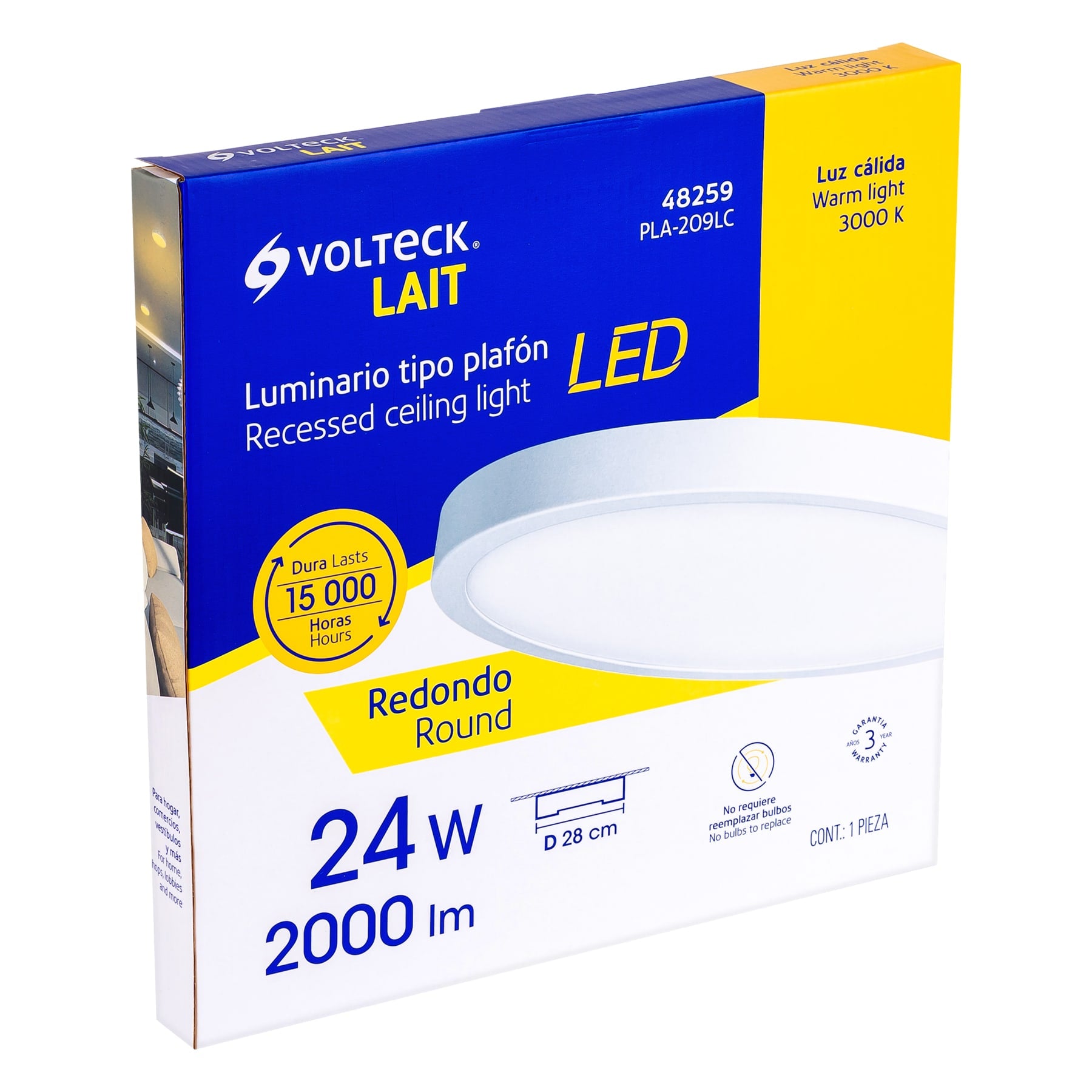 Luminario LED tipo plafón 24 W, redondo, luz cálida, blanco
