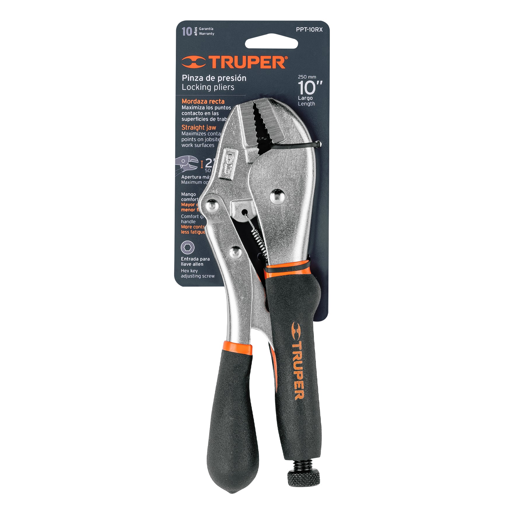 Pinza de presión 10" mordaza recta mango de vinil, Truper