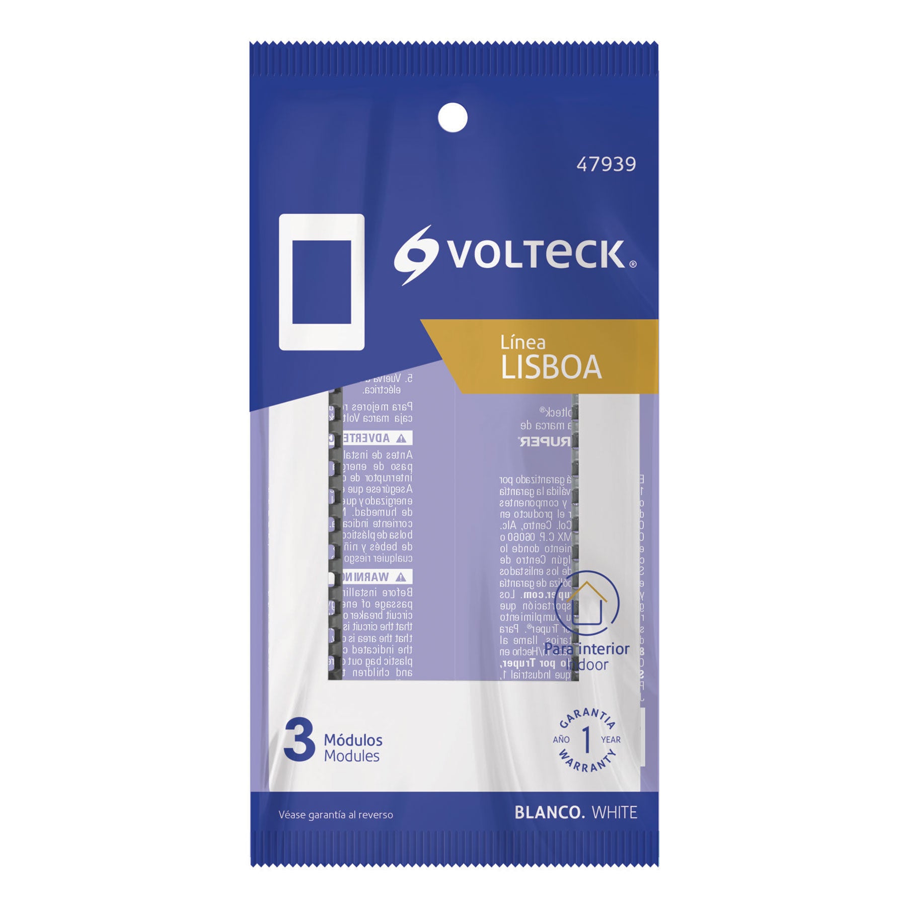 Placa blanca de 1 ventana 3 módeloulos, línea Lisboa, Volteck