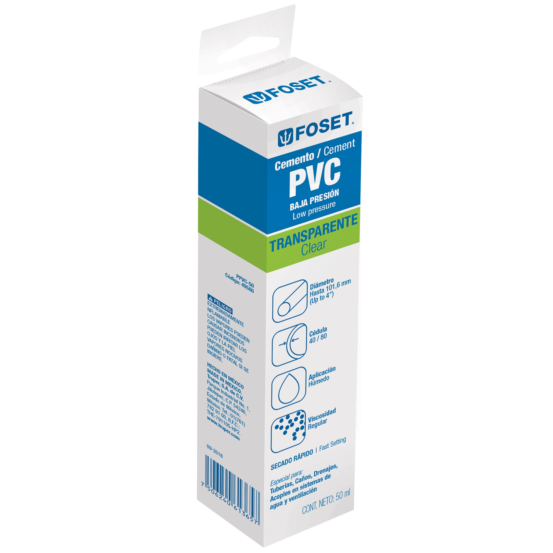 Cemento para PVC, transparente, baja presión, tubo 50ml, Foset