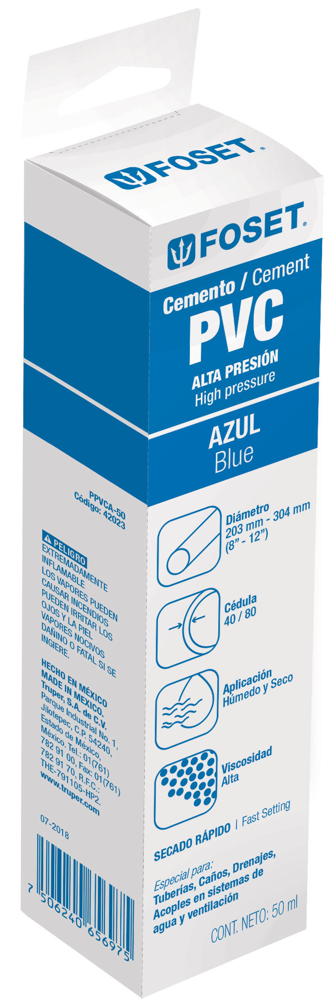 Cemento para PVC, azul, alta presión, tubo 50ml, Foset