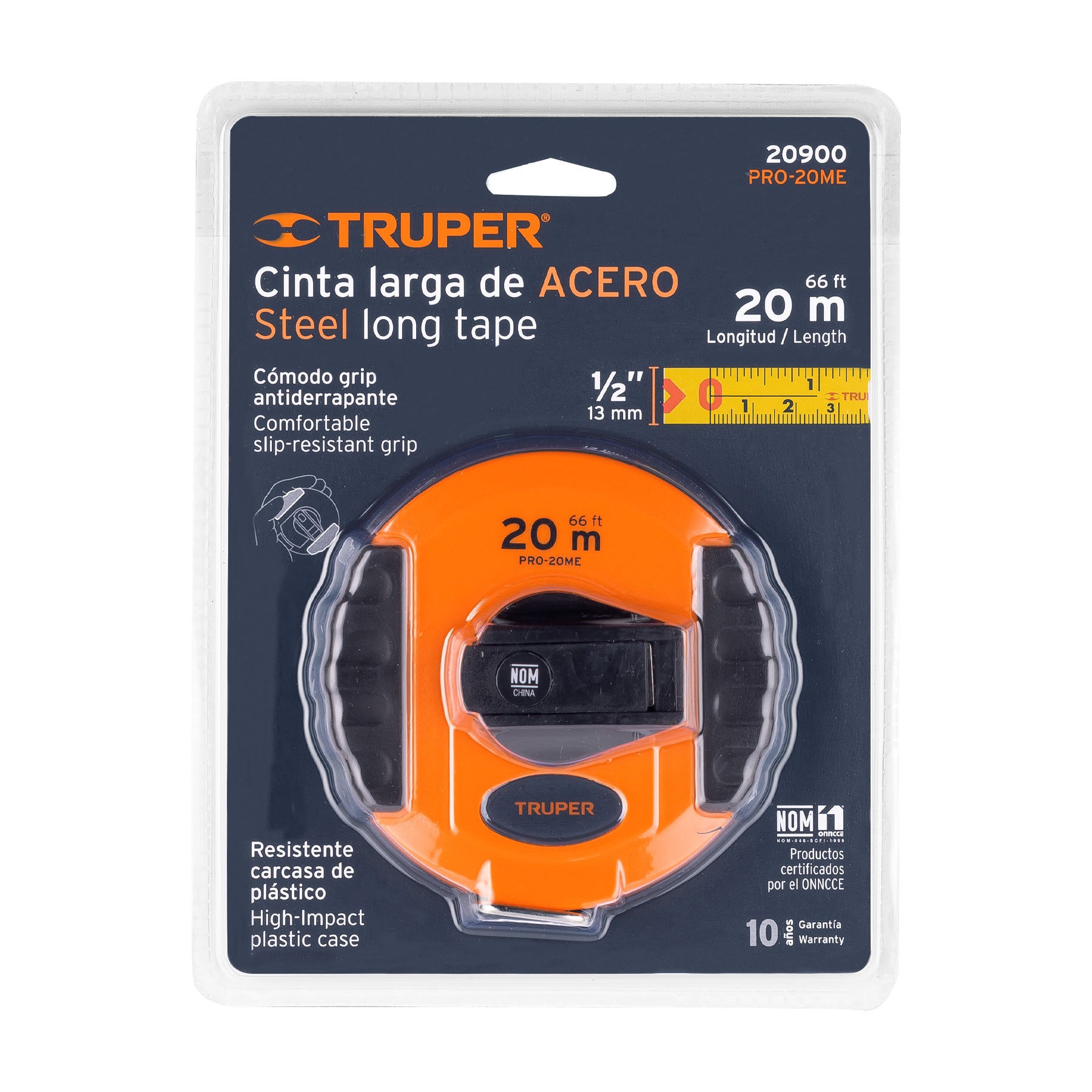 Cinta métrica larga 20 m, metálica, carcasa plástica, Truper
