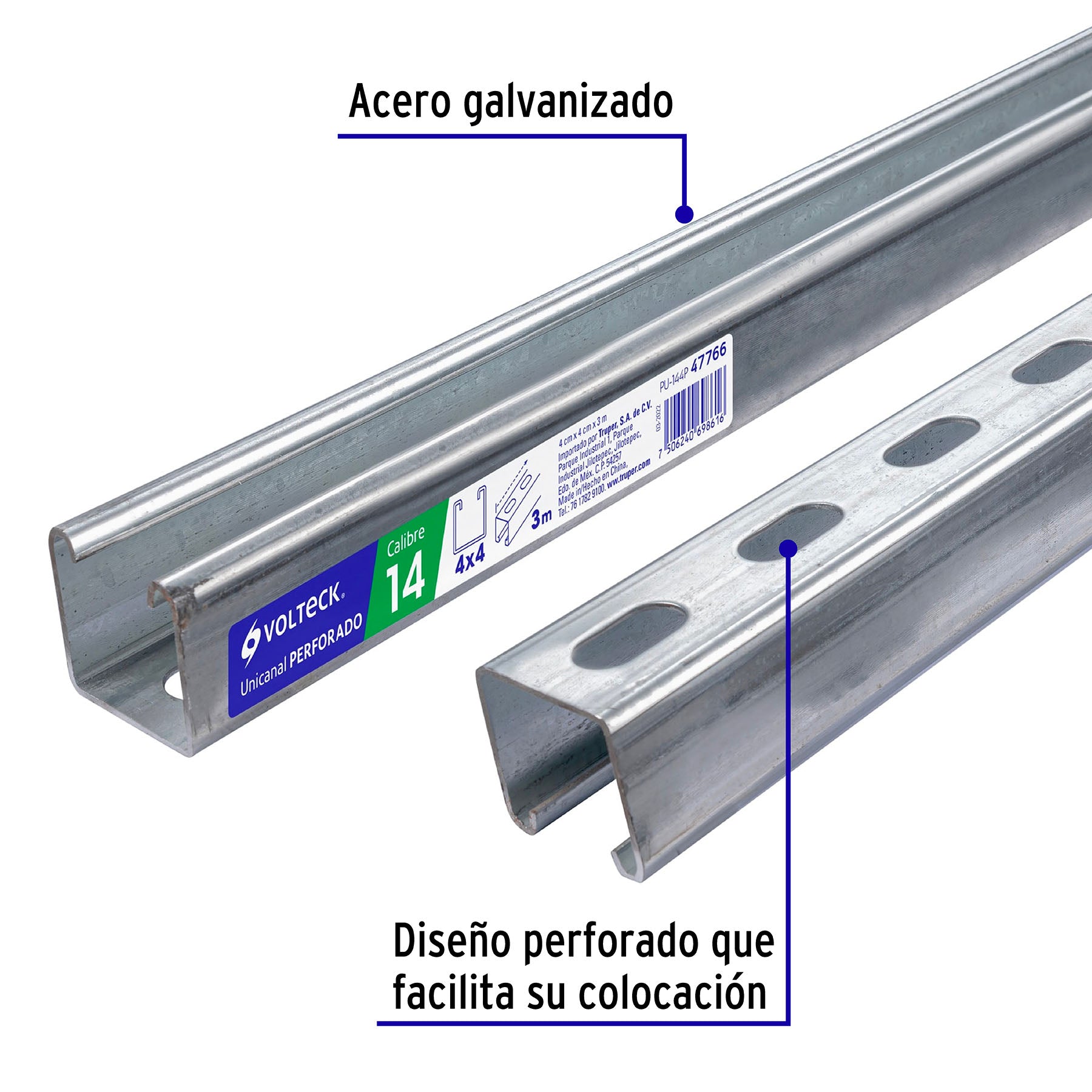 Perfil monocanal perforado de 3 m, 4 x 4 cm cal. 14, VOLTECK