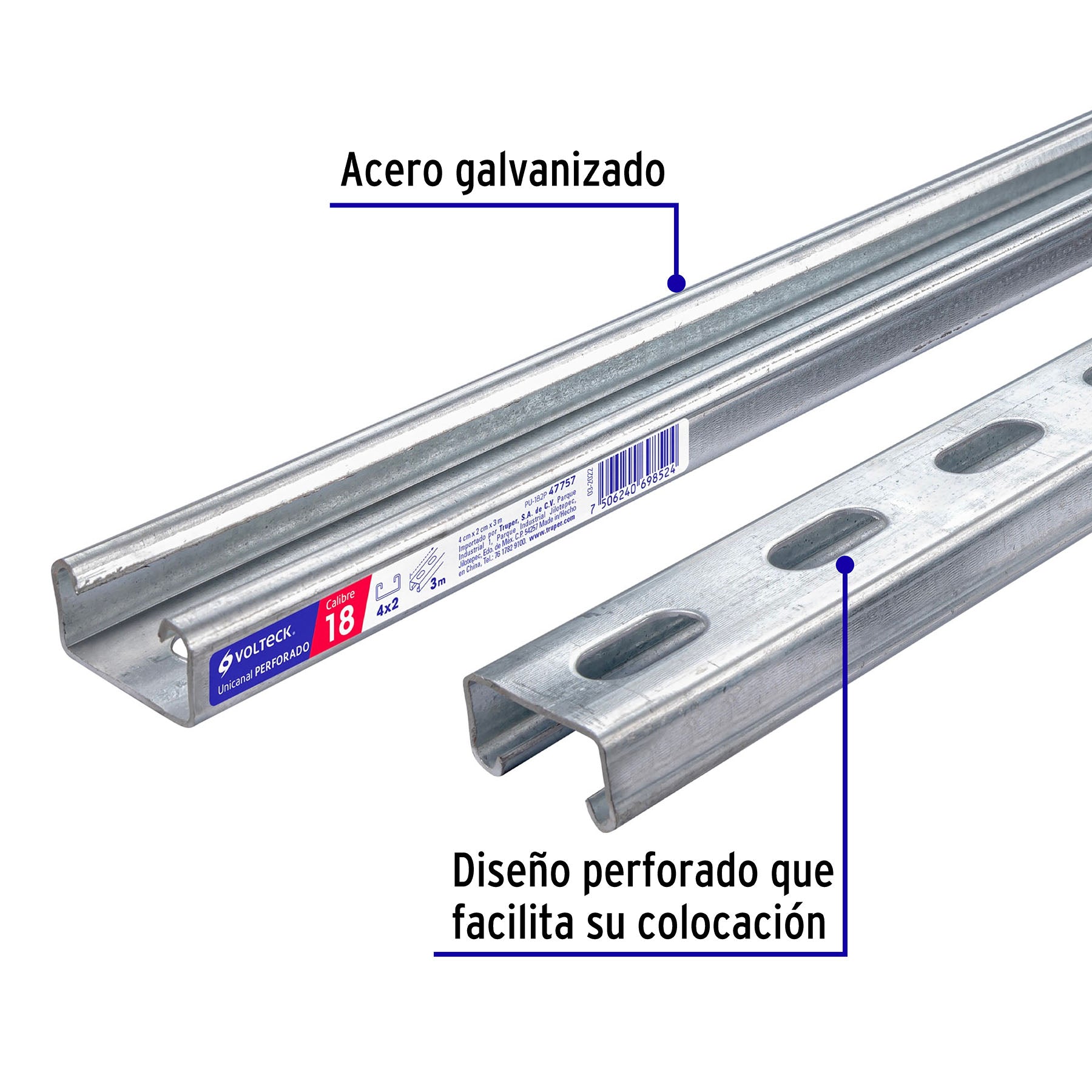 Perfil monocanal perforado de 3 m, 4 x 2 cm cal. 18, VOLTECK