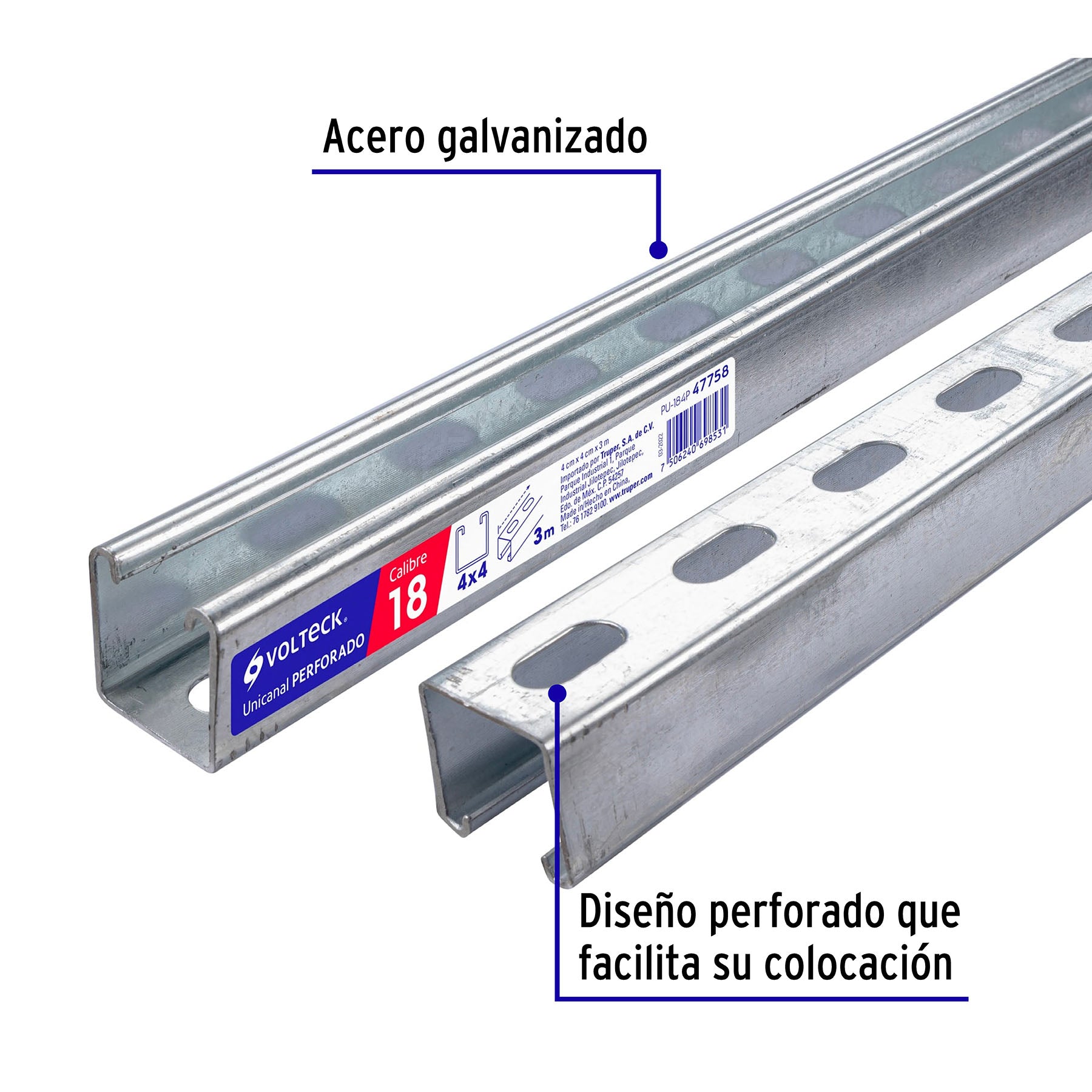 Perfil monocanal perforado de 3 m, 4 x 4 cm cal. 18, VOLTECK