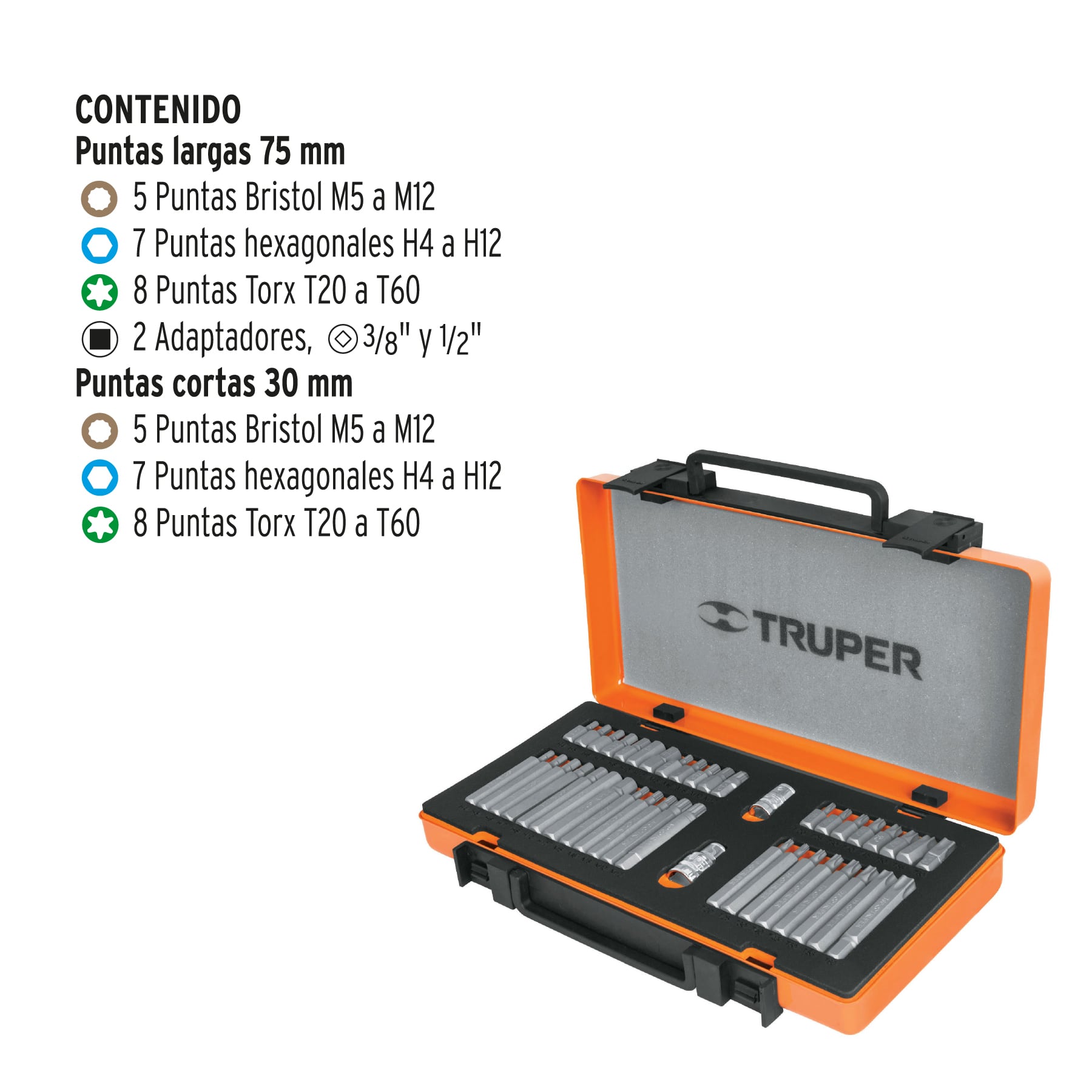 Juego 42 puntas 1/2" y 3/8" de 75 y 30 mm estuche metálico