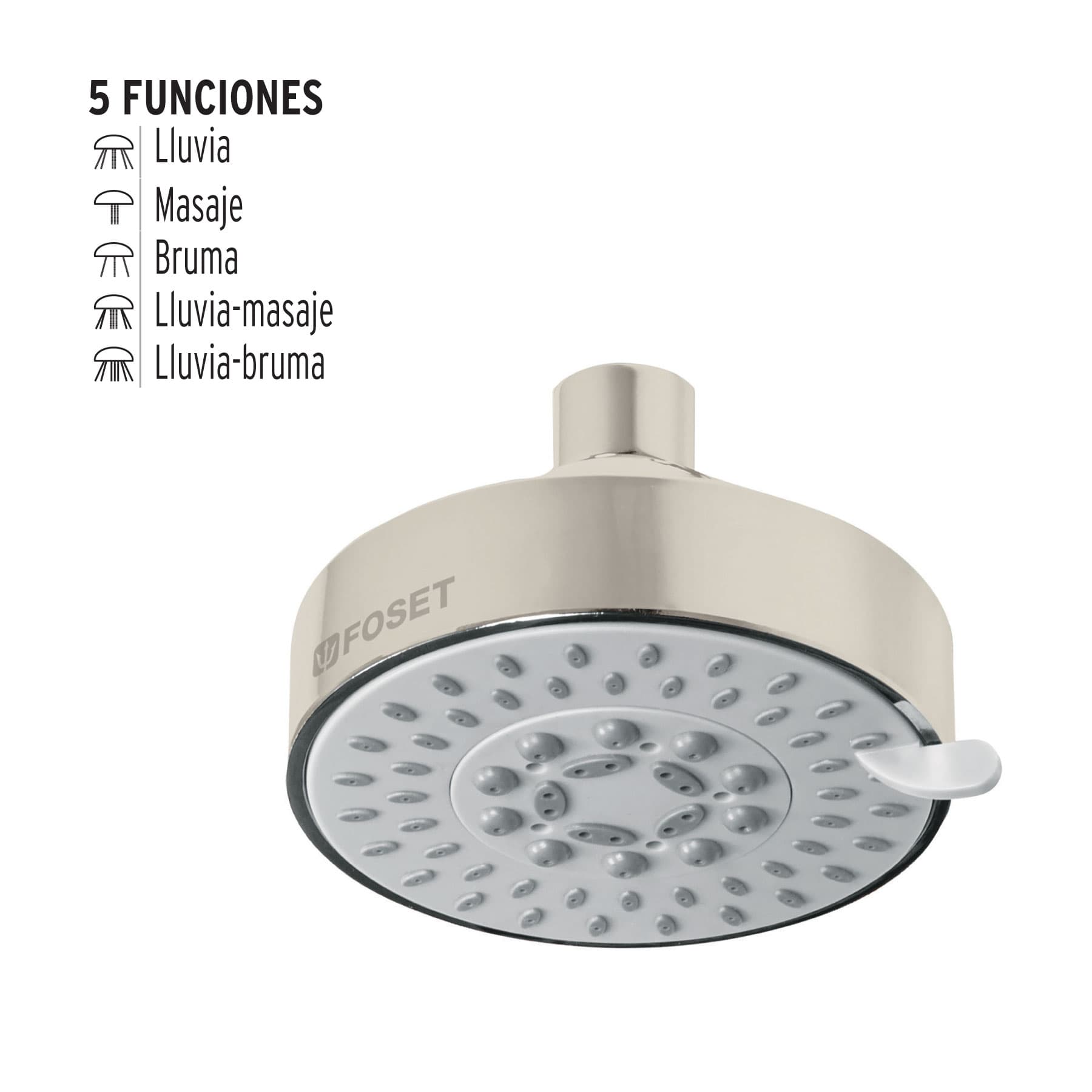 Regadera satín 4"con 5 funciones, sin brazo, Foset Element