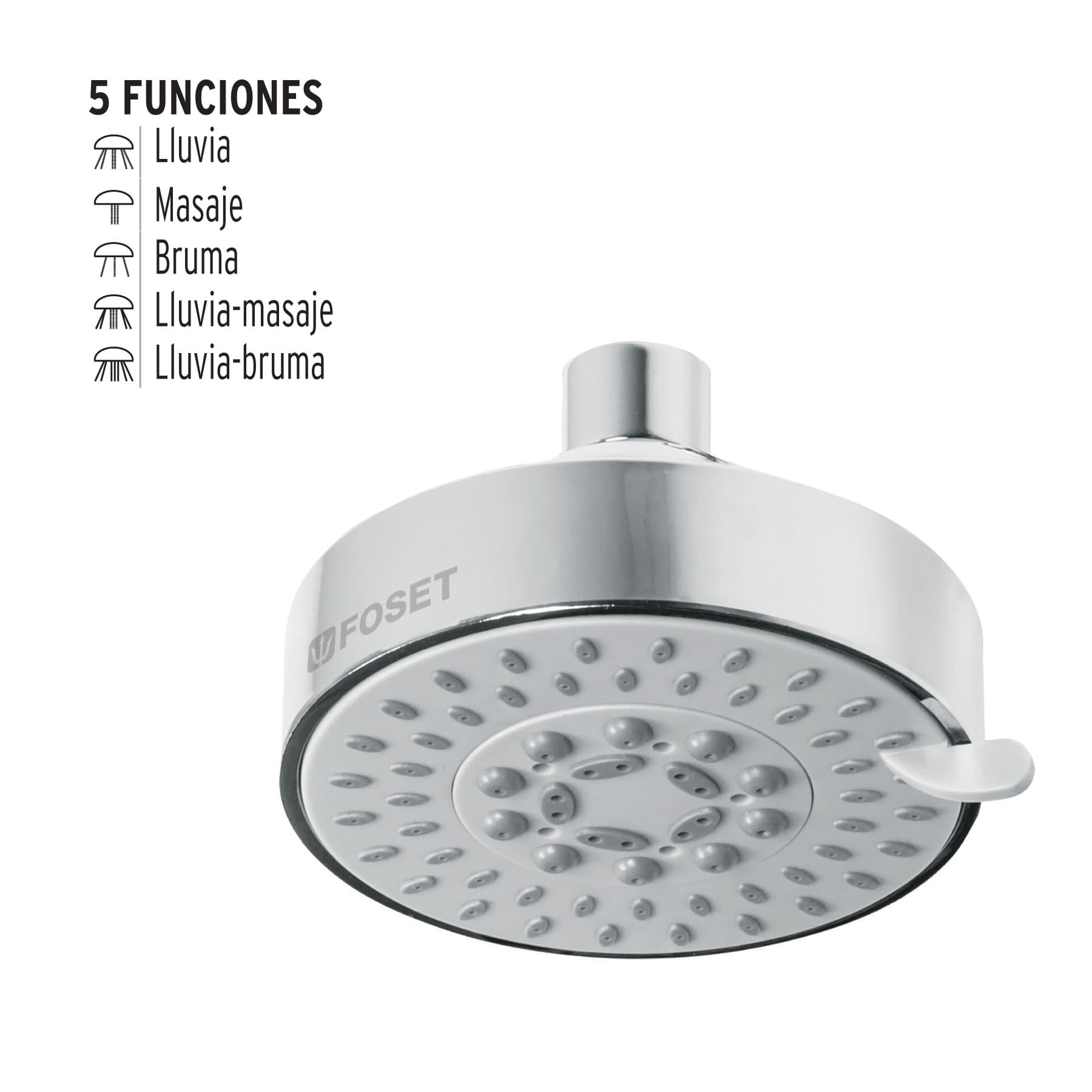 Regadera cromo 4"con 5 funciones, sin brazo, Foset Element