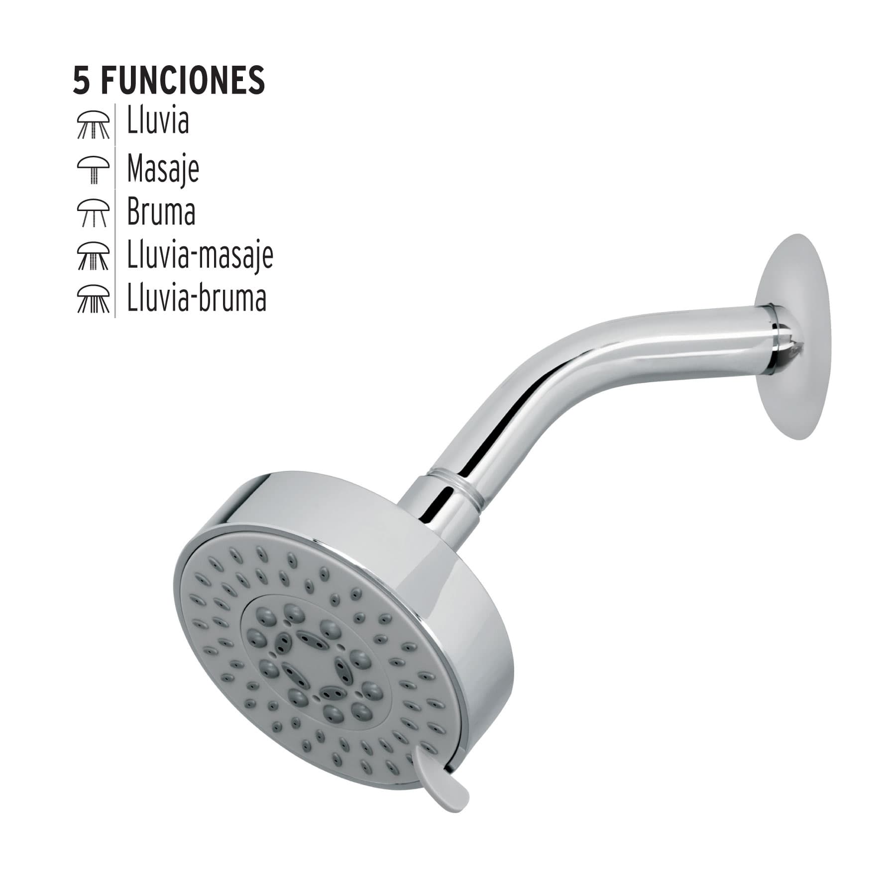 Regadera cromo 4"con 5 funciones, con brazo, Foset Element