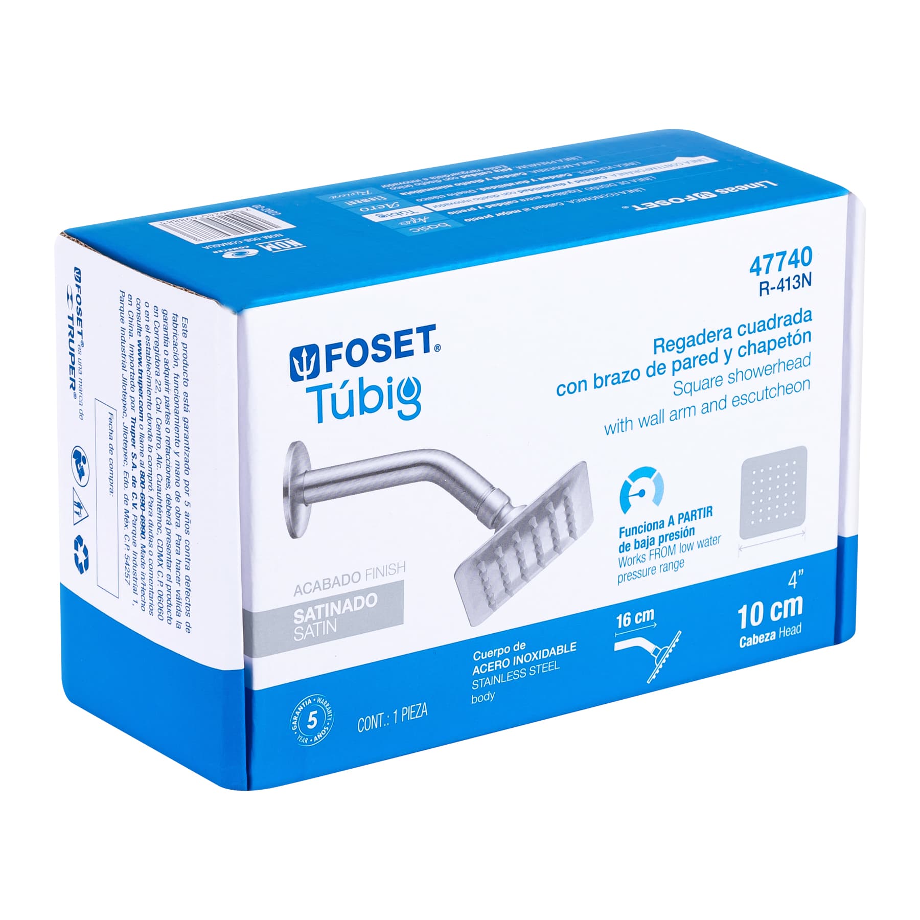 Regadera cuadrada 4", acero inoxidable con brazo, satín, Túbig