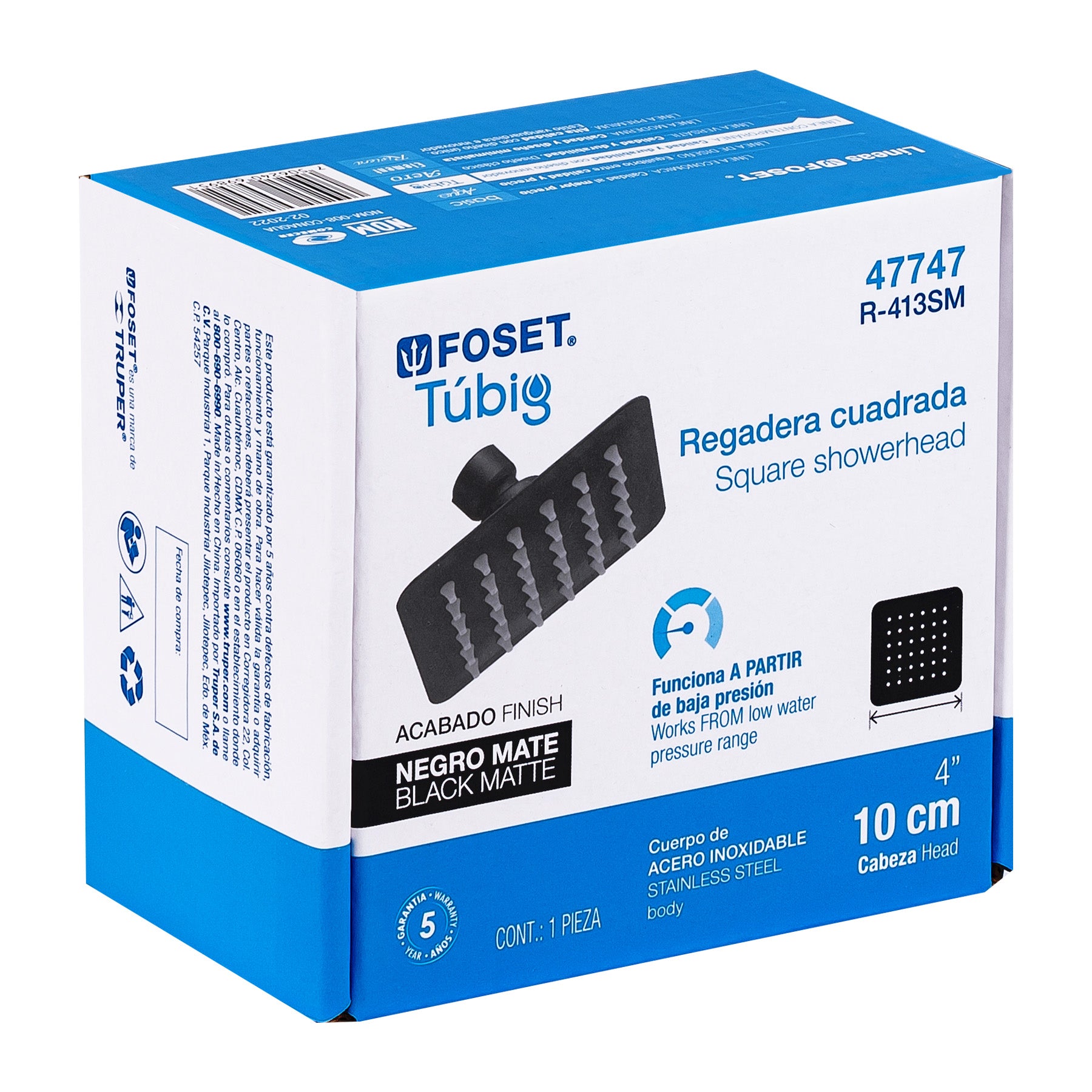 Regadera cuadrada 4", acero inoxidable sin brazo, negro, Tubig