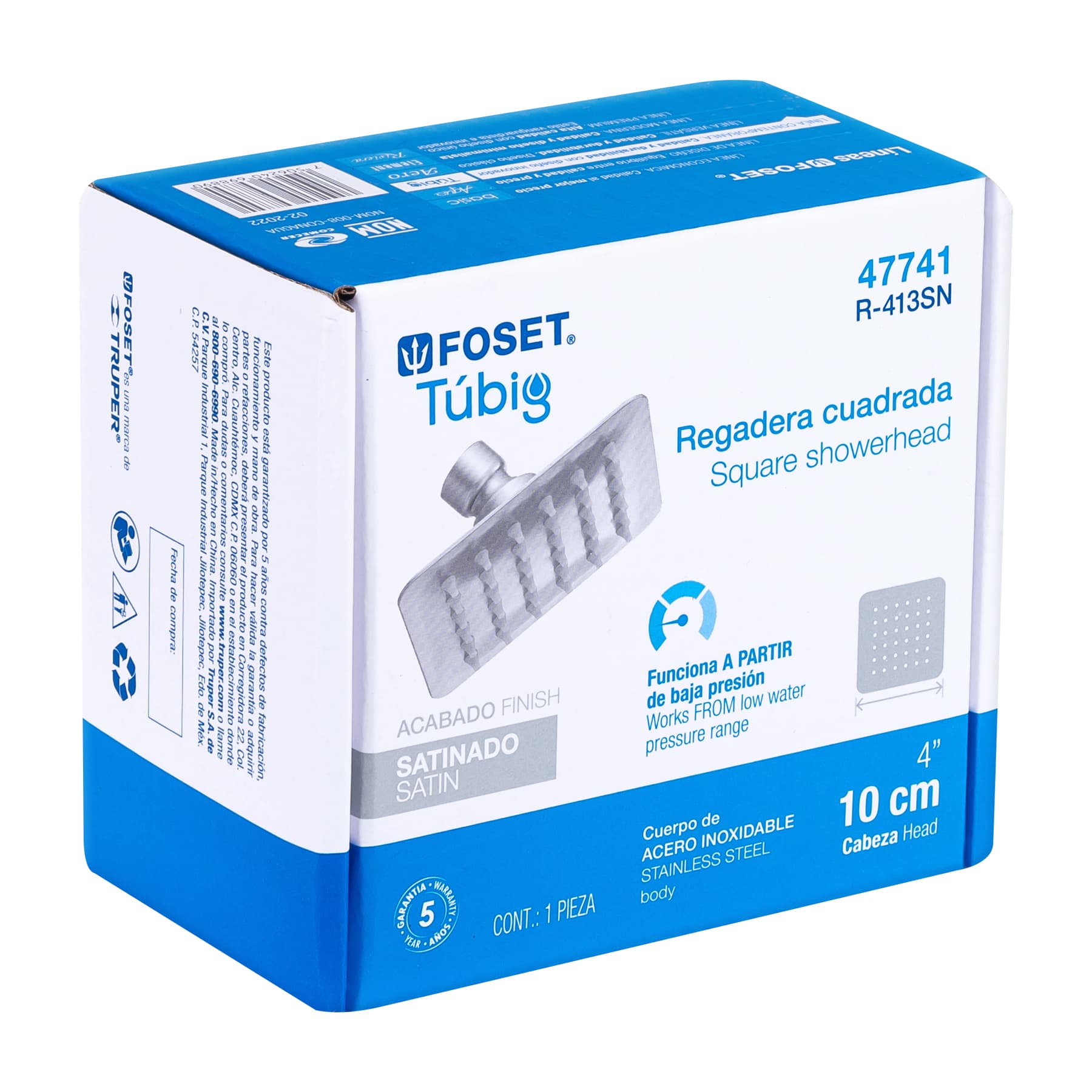 Regadera cuadrada 4", acero inoxidable sin brazo, satín, Túbig