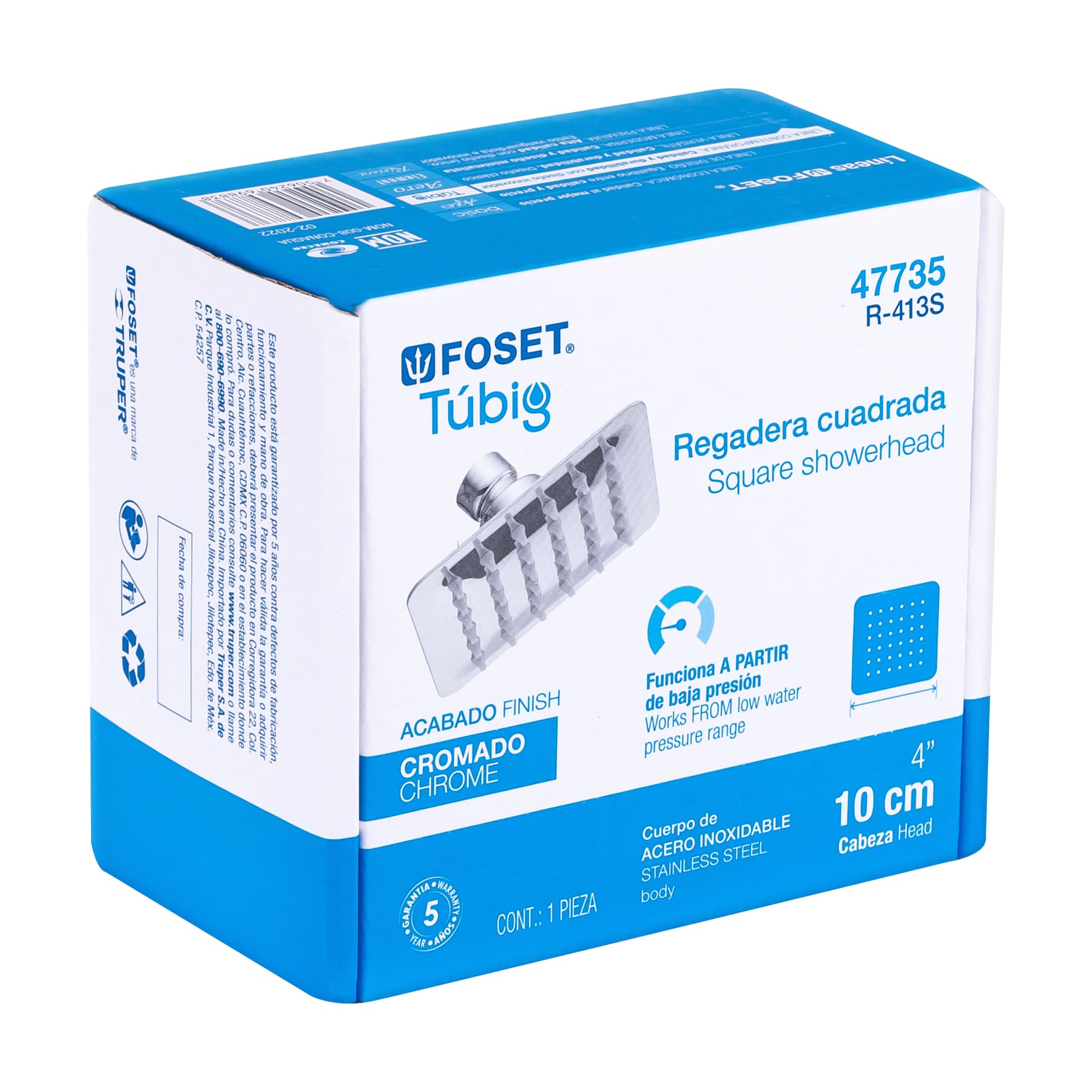 Regadera cuadrada 4", acero inoxidable sin brazo, cromo, Túbig
