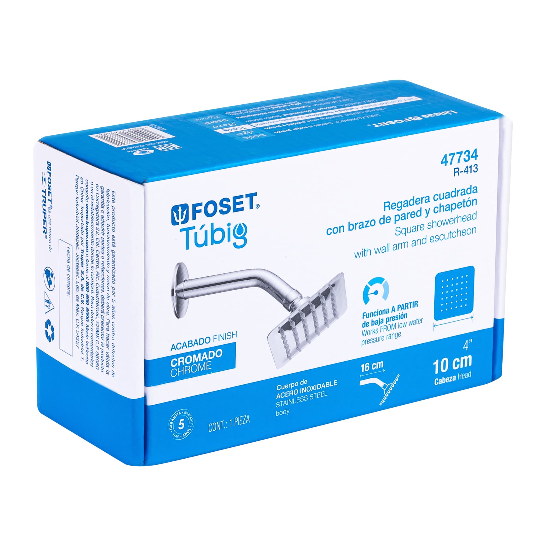 Regadera cuadrada 4", acero inoxidable con brazo, cromo, Túbig