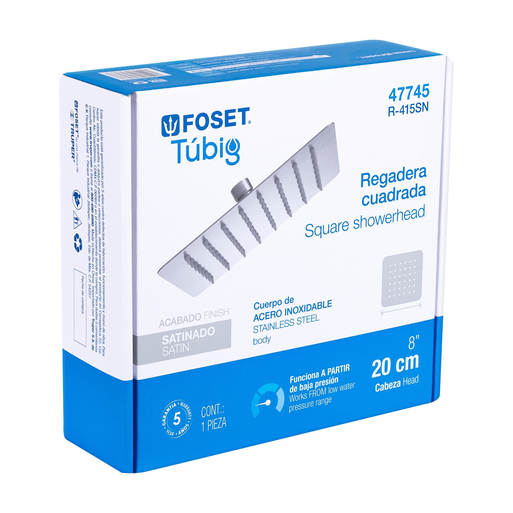 Regadera cuadrada 8", acero inoxidable sin brazo, satín, Túbig