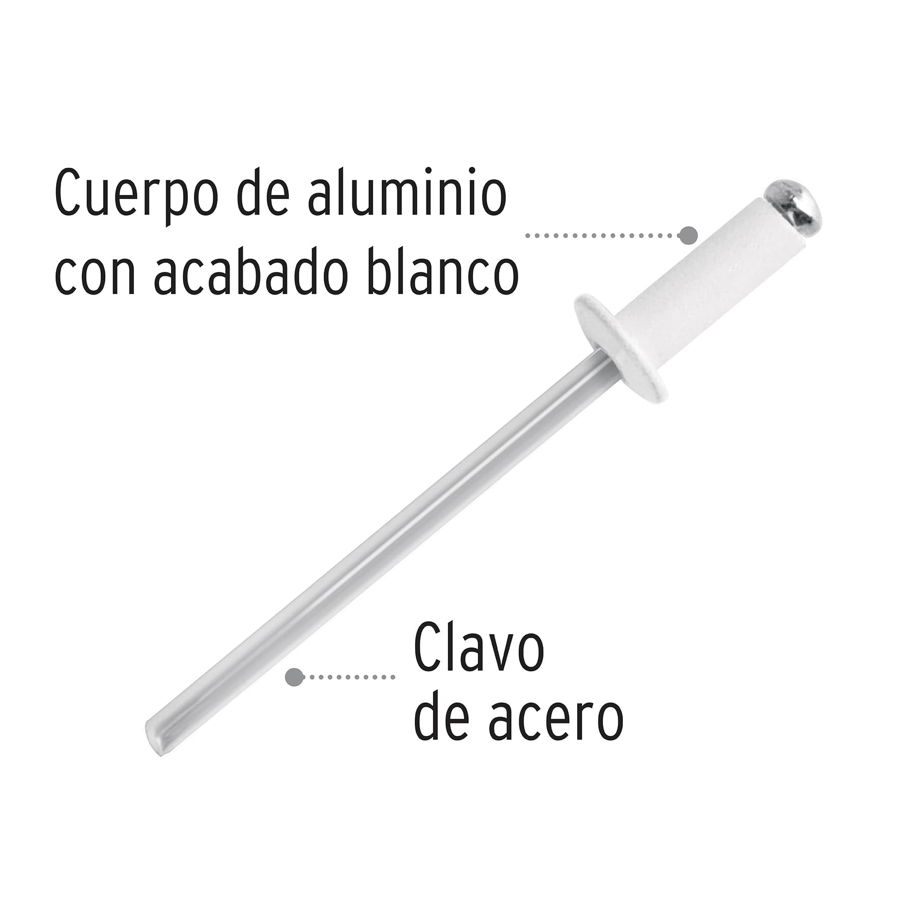 Bolsa con 50 remaches 1/8"x1/4" blancos de aluminio, ala 1/4"