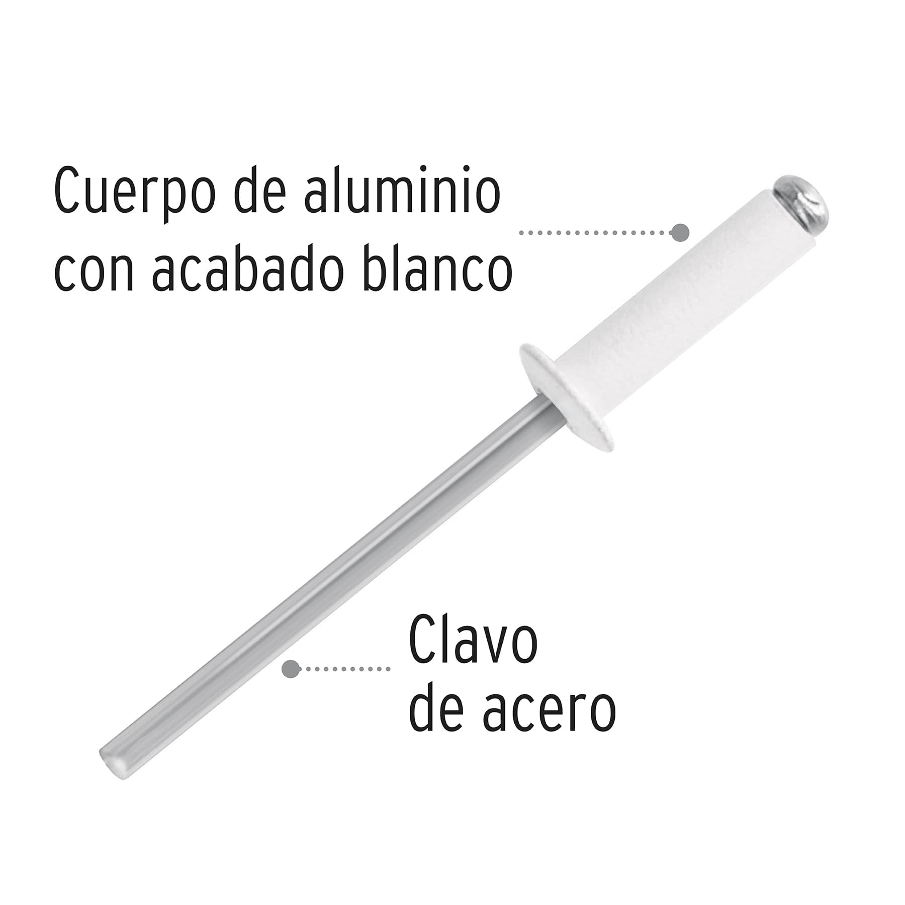 Bolsa con 50 remaches 1/8"x3/8" blancos de aluminio, ala 1/4"