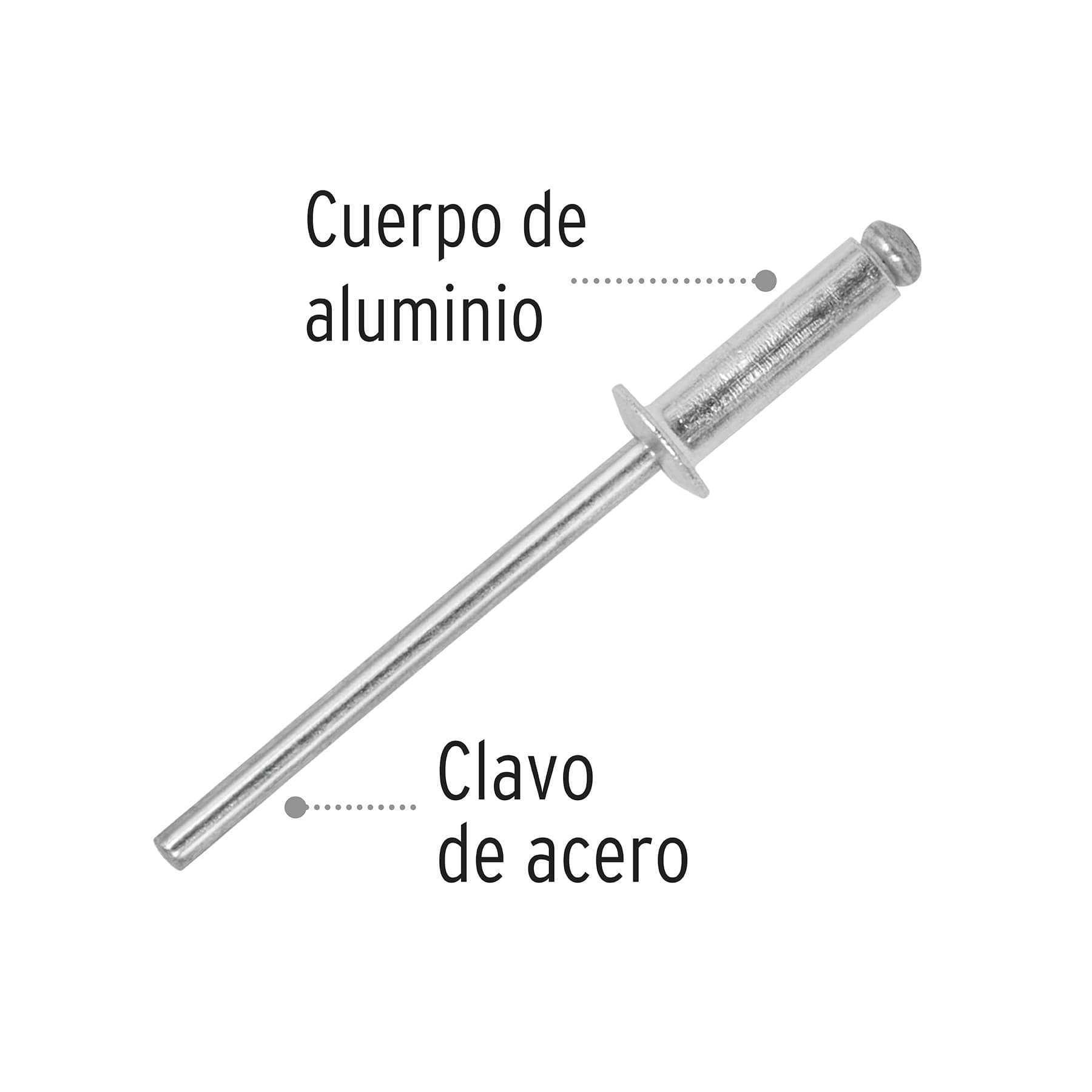 Bolsa con 50 remaches 1/8" x 3/8" de aluminio, ala 1/4