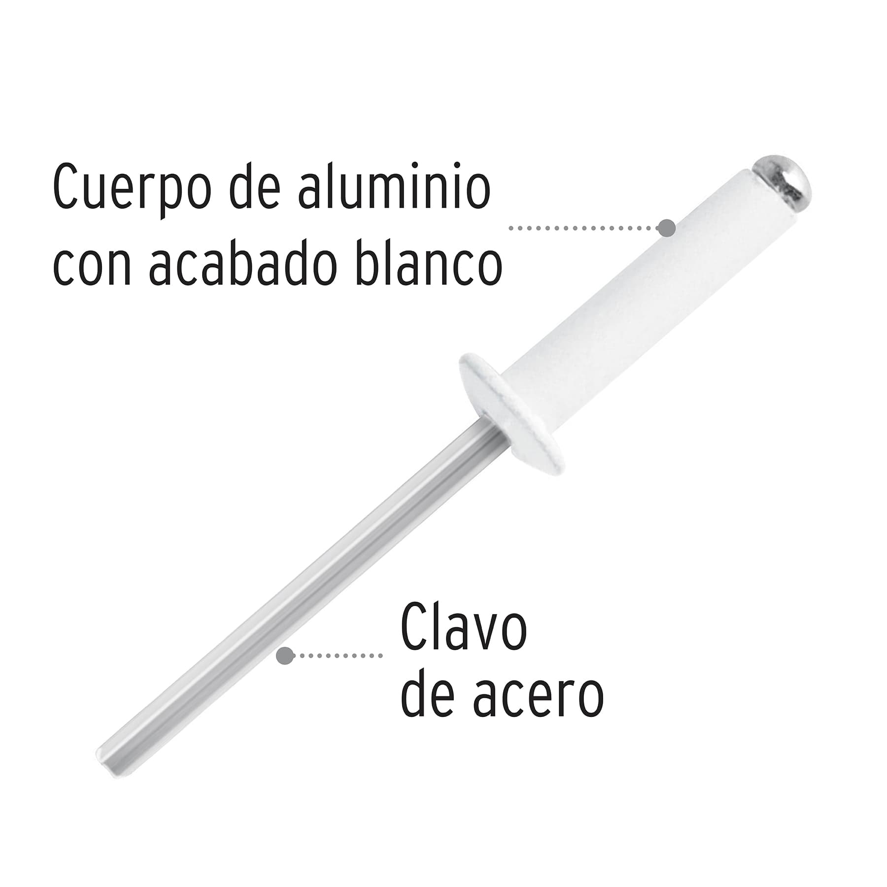 Bolsa con 50 remaches 5/32"x1/2" blancos aluminio, ala 5/16"