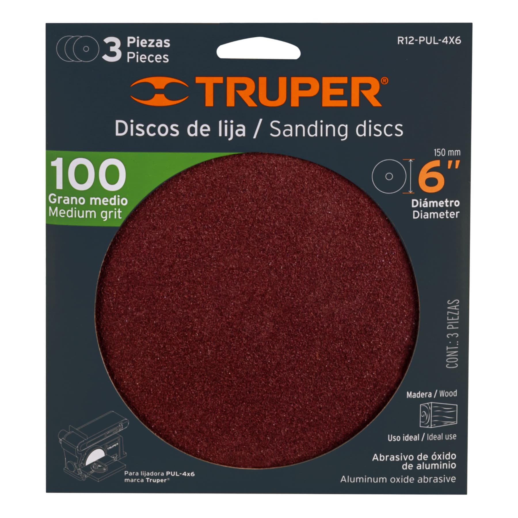 Paquete con 3 discos de lija 6" grano 100, para PUL-4X6T