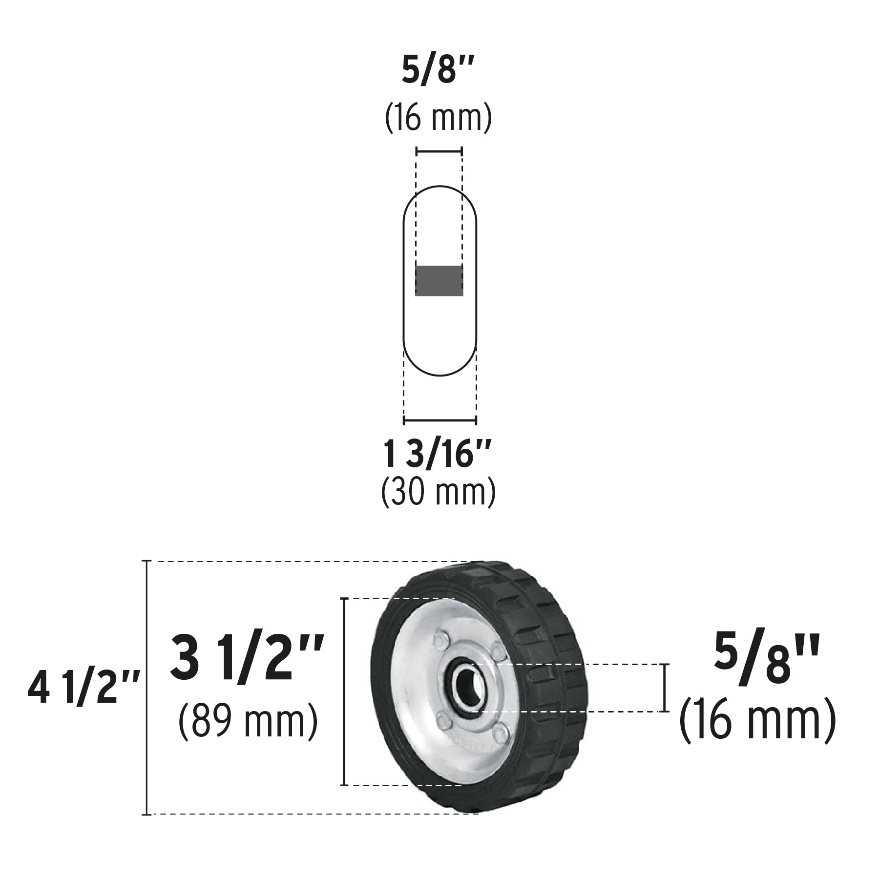 Rueda de hule sólido 4-1/2" para diablo, un balero, Pretul