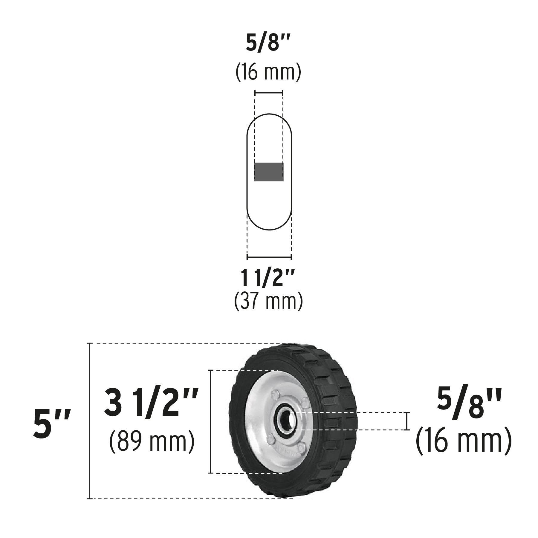 Rueda de hule sólido 5" para diablo, un balero, Pretul