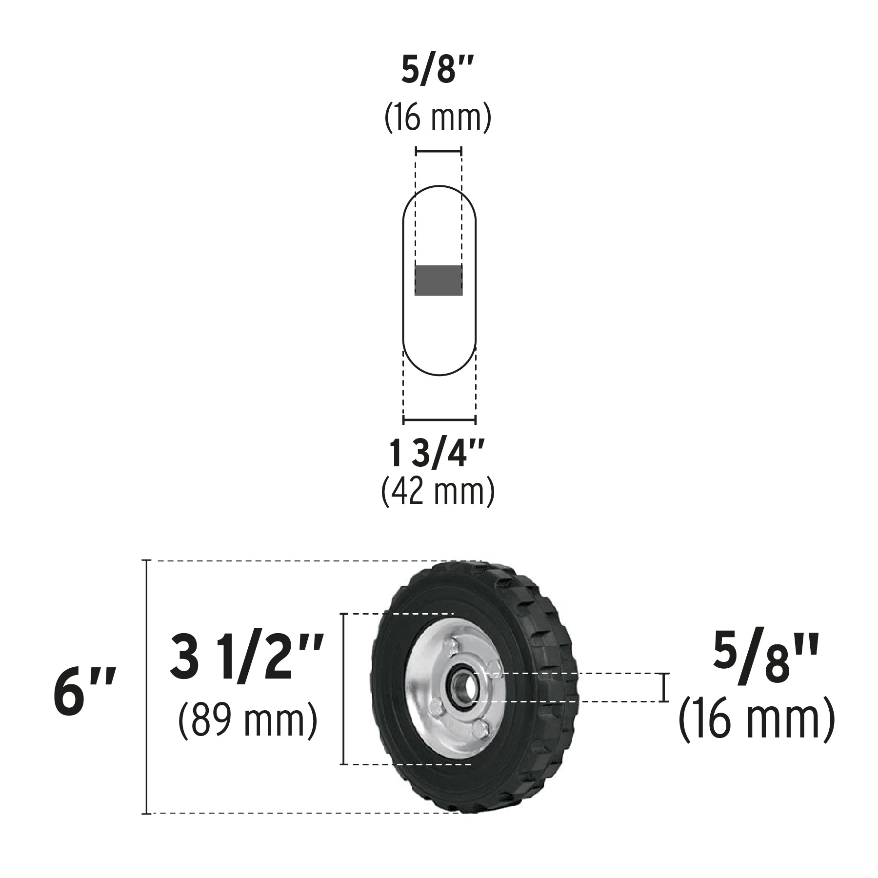 Rueda de hule sólido 6" para diablo, un balero, Pretul