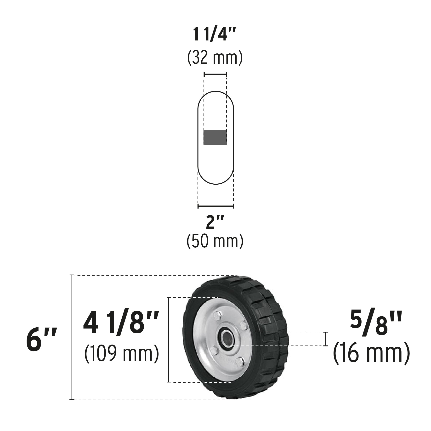 Rueda de hule sólido 6" para diablo, doble balero, Pretul