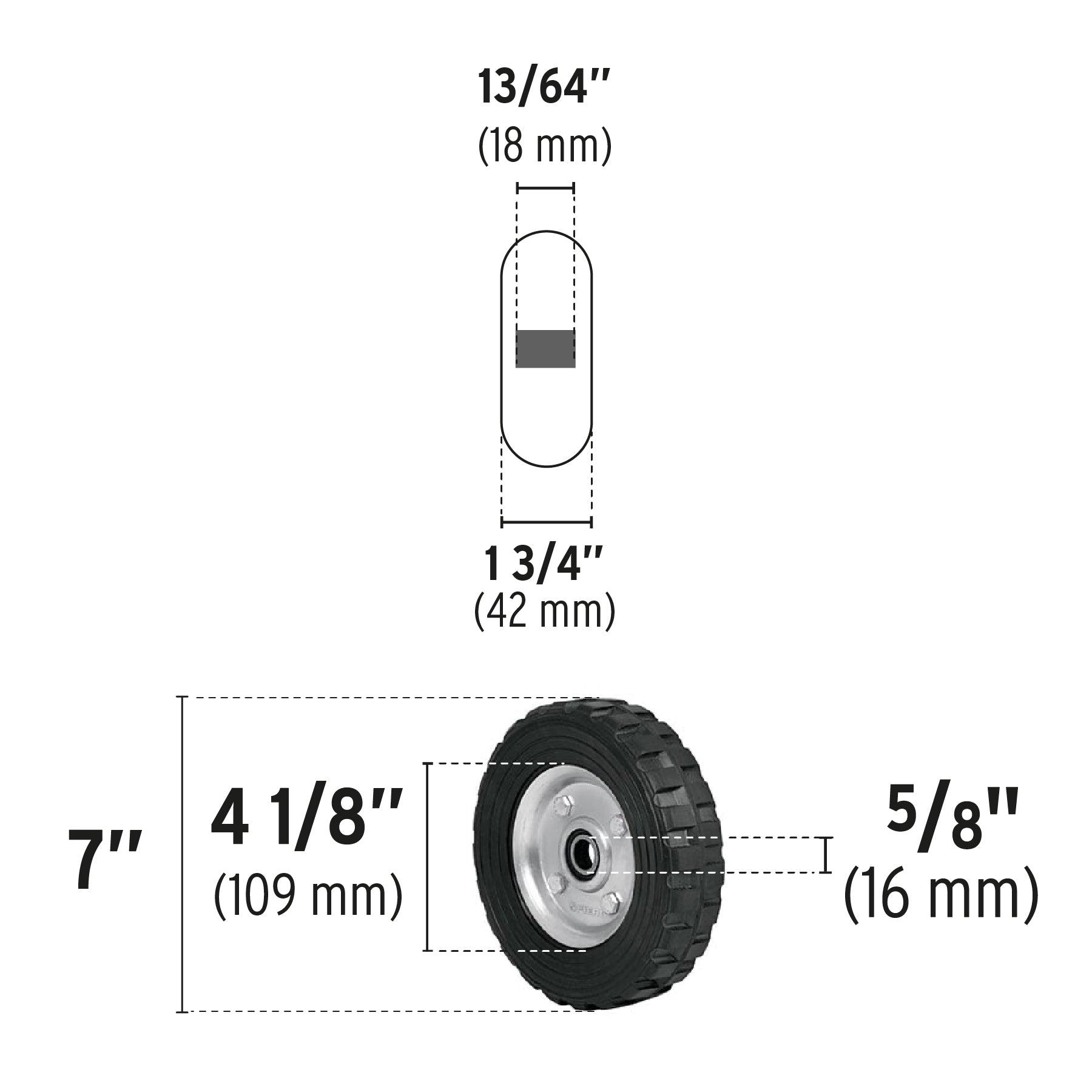 Rueda de hule sólido 7" para diablo, un balero, Pretul