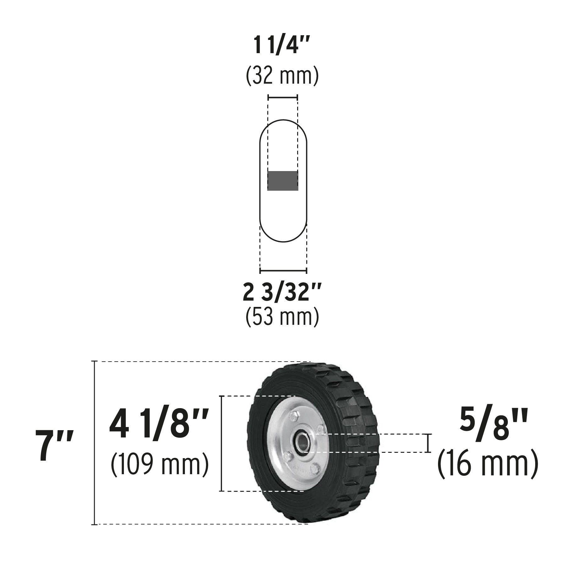 Rueda de hule sólido 7" para diablo, doble balero, Pretul