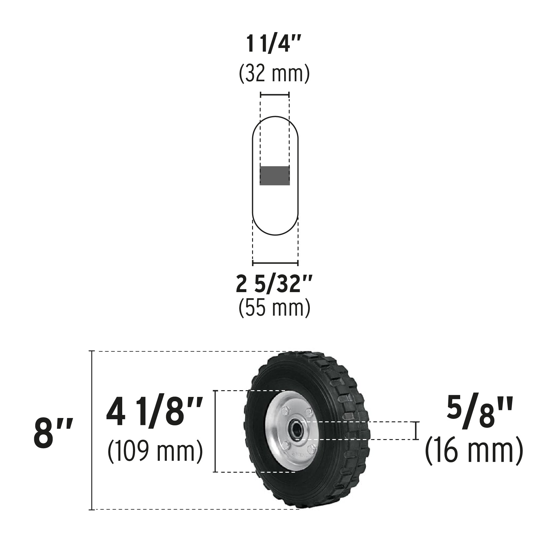 Rueda de hule sólido 8" para diablo, doble balero, Pretul