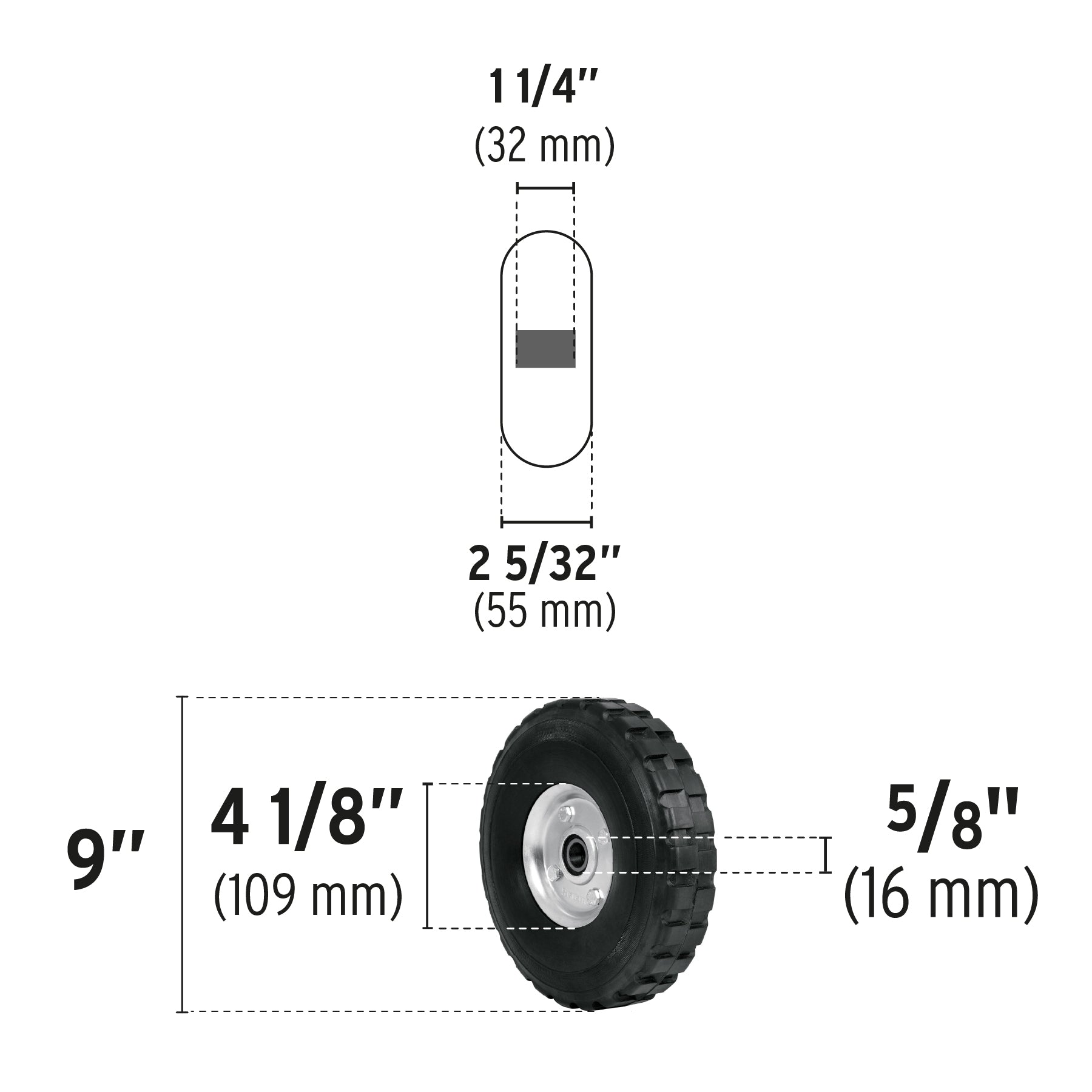 Rueda de hule sólido 9" para diablo, doble balero, Pretul