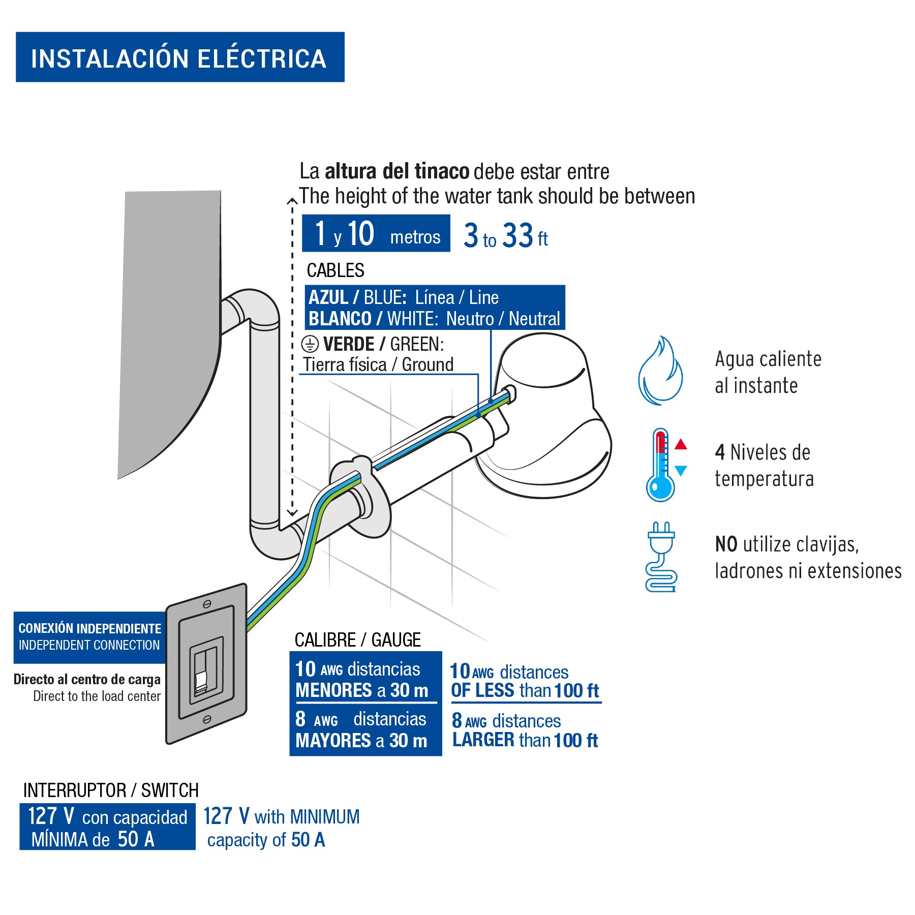 Regadera eléctrica, 4 temperaturas, 14.5cm, azul, Foset