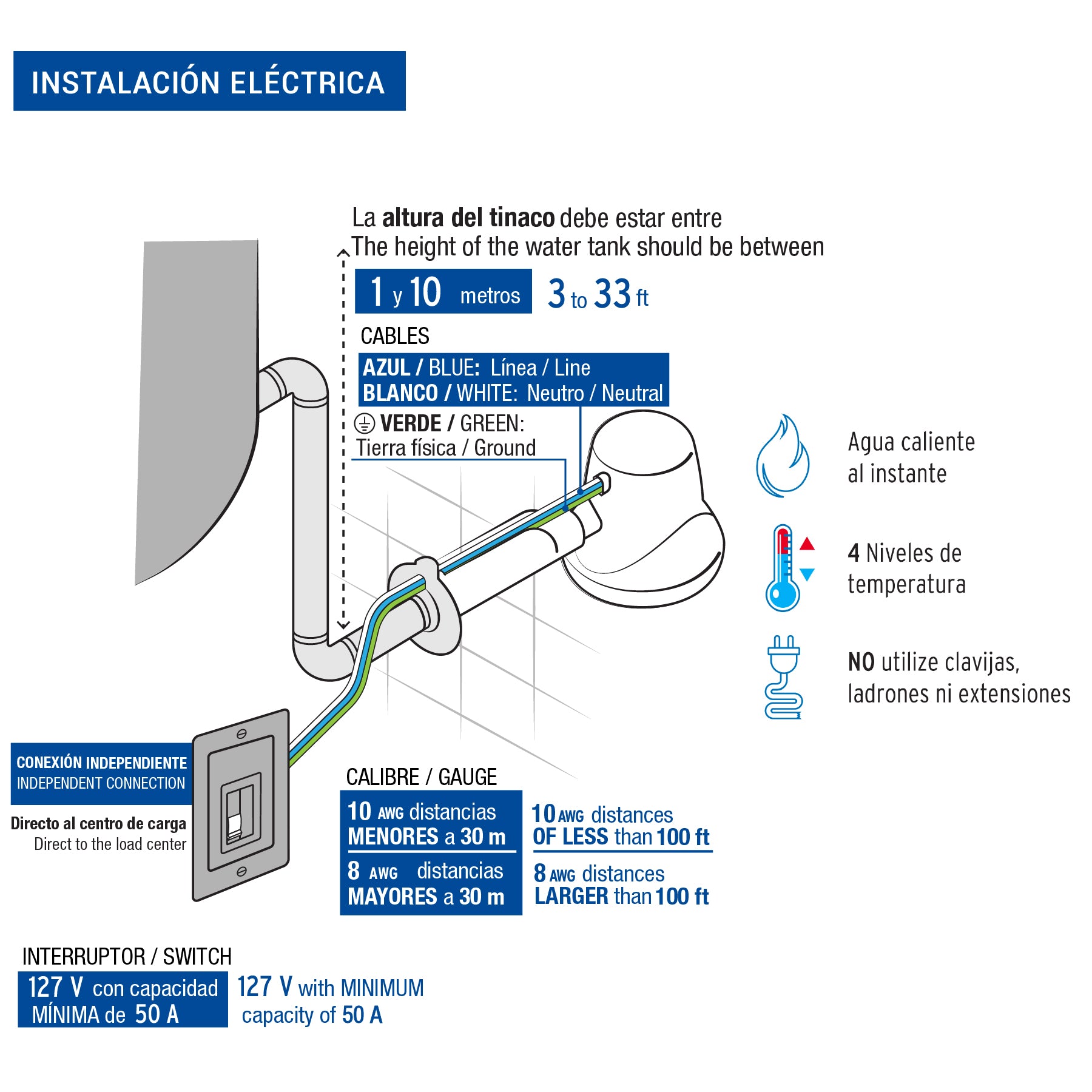Regadera eléctrica, 4 temperaturas, 14.5cm, blanca, Foset