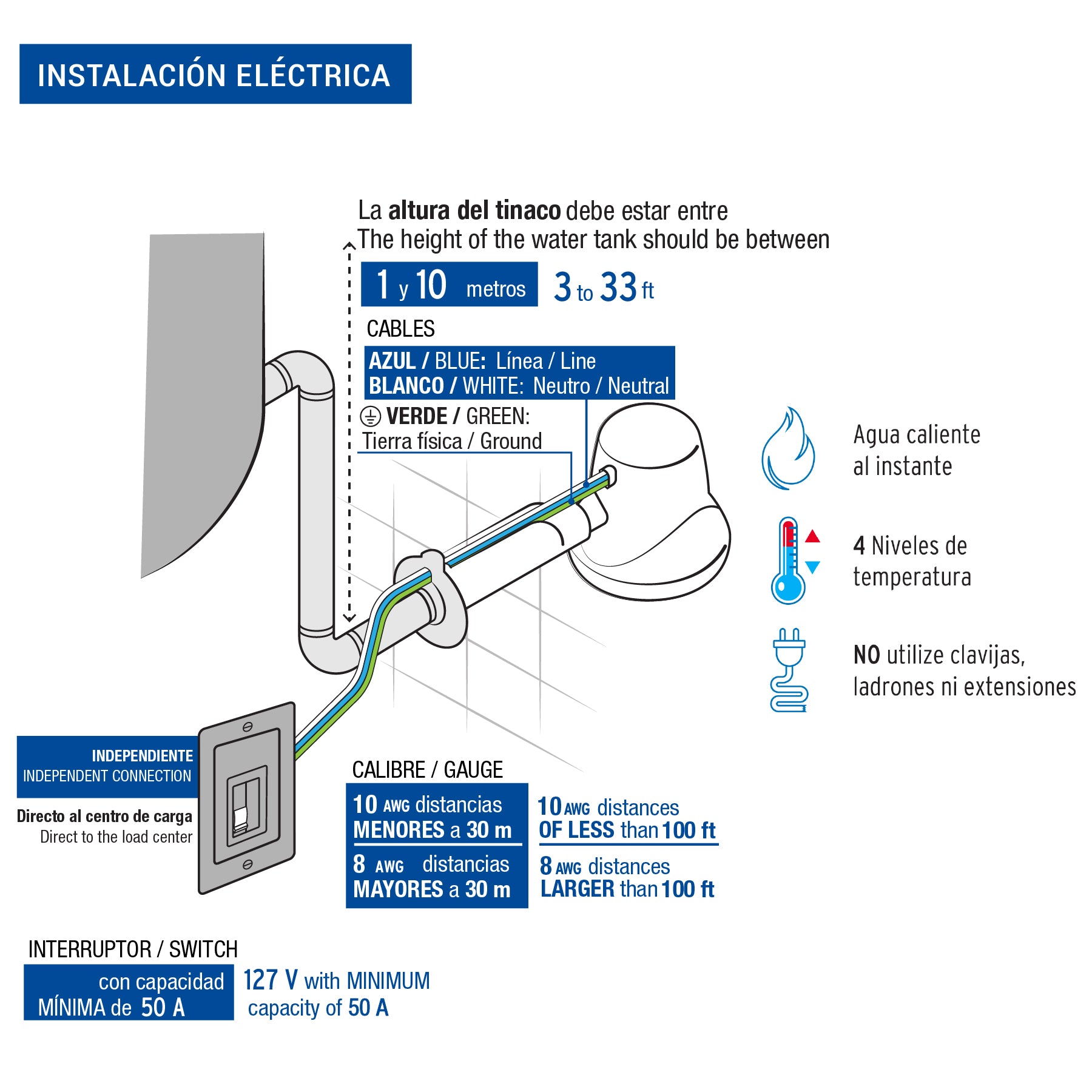Regadera eléctrica, 4 temperaturas, 16.5cm, blanca, Foset