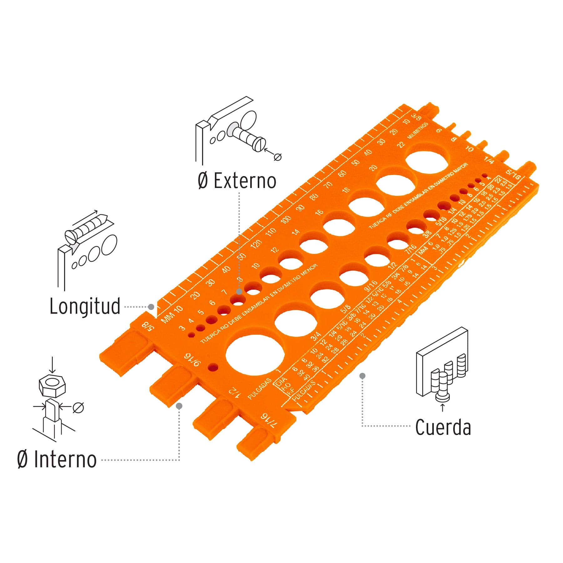 Regleta medidora de tuercas y tornillos, 22 cm, Truper