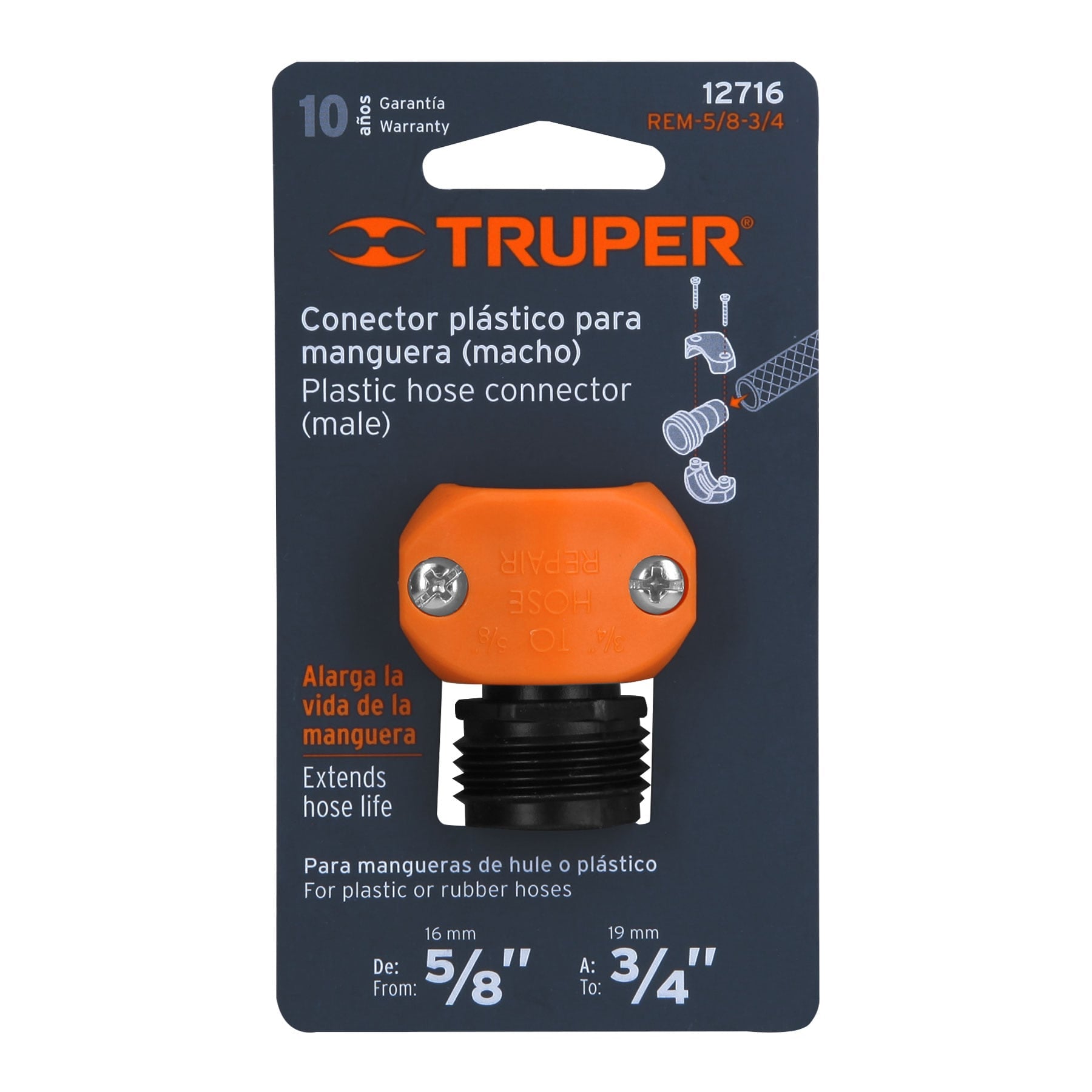 Conector 5/8"-3/4" macho de ABS para manguera, Truper