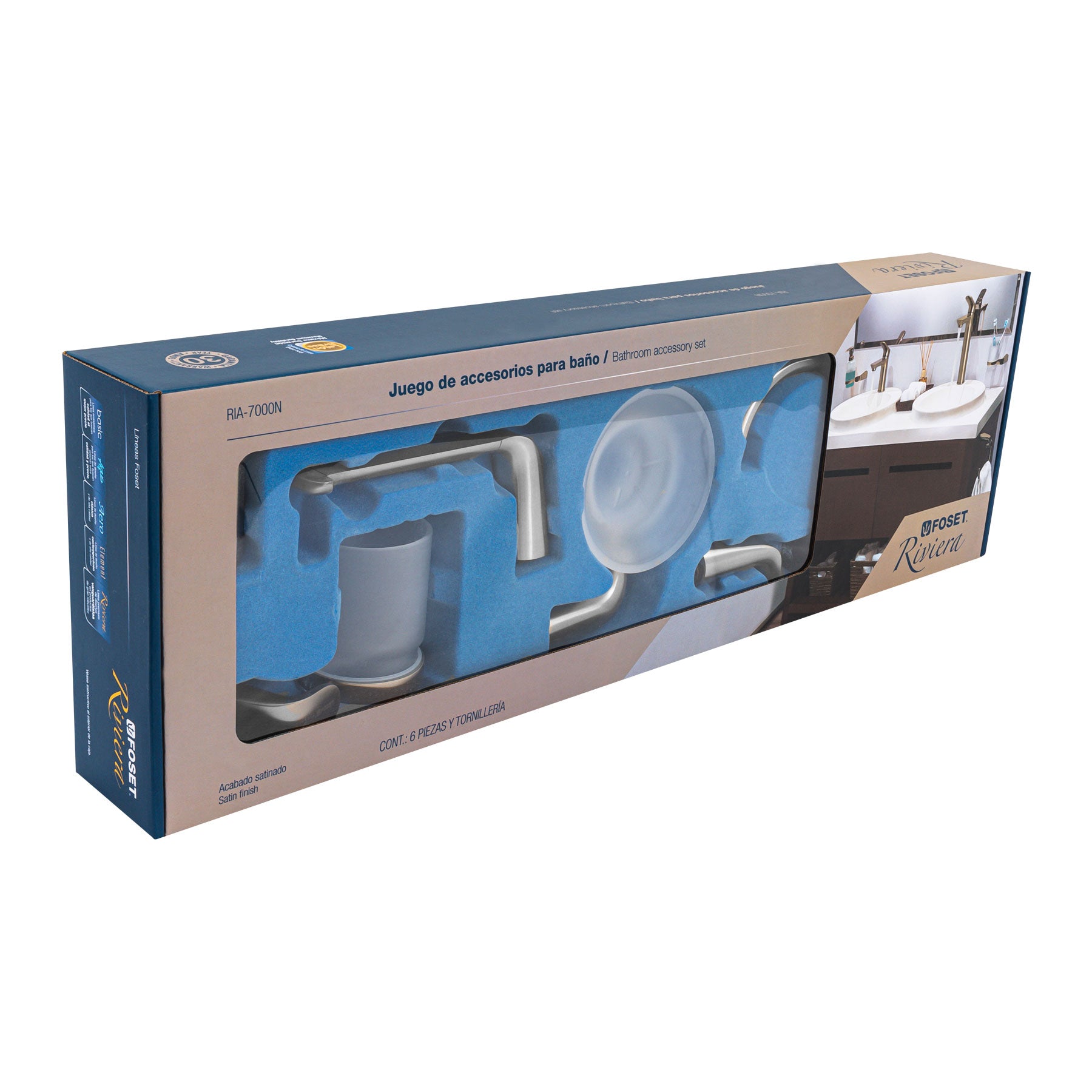 Juego de 6 accesorios para baño acabado satín, Riviera
