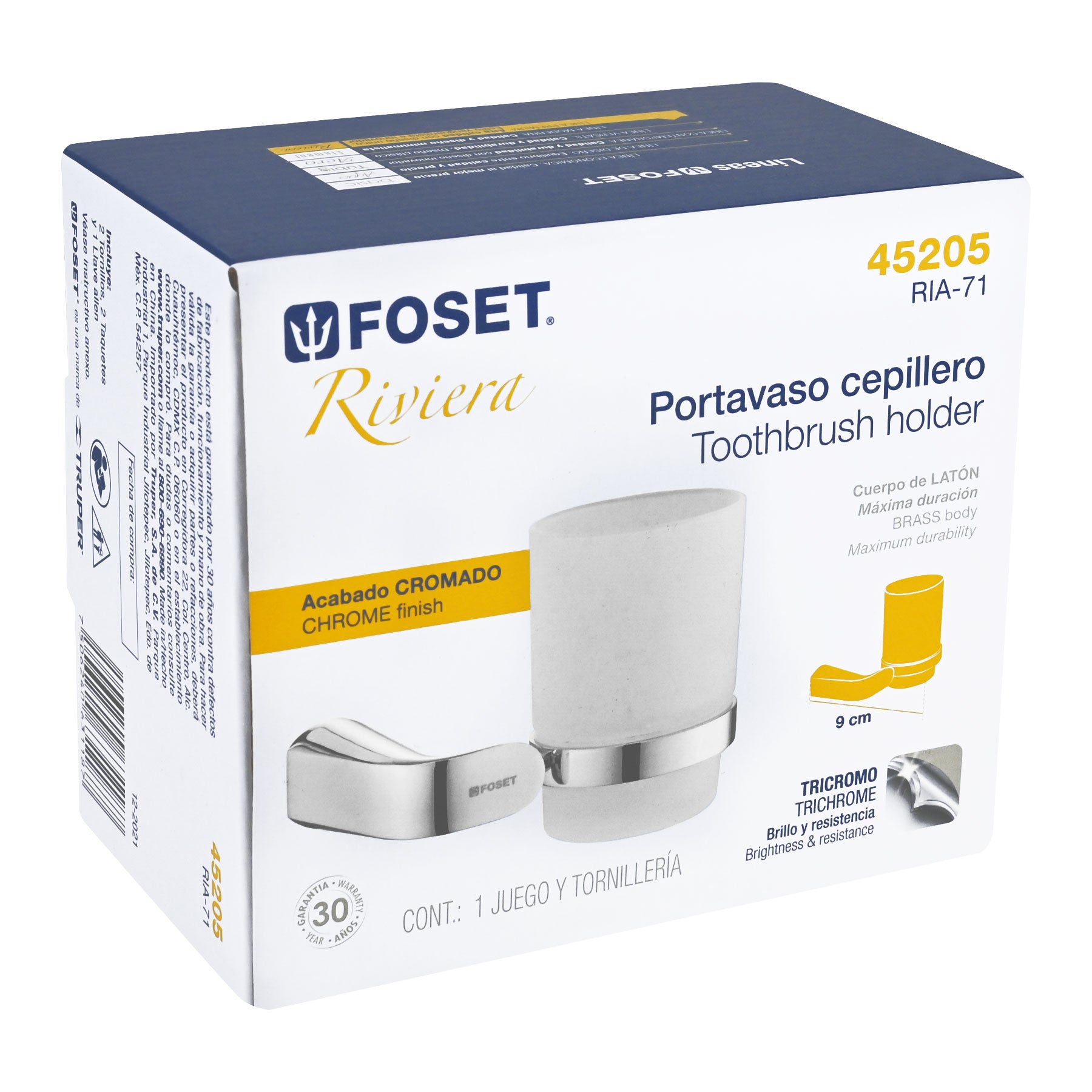 Portavaso cepillero cromo con vaso de vidrio, Foset Riviera