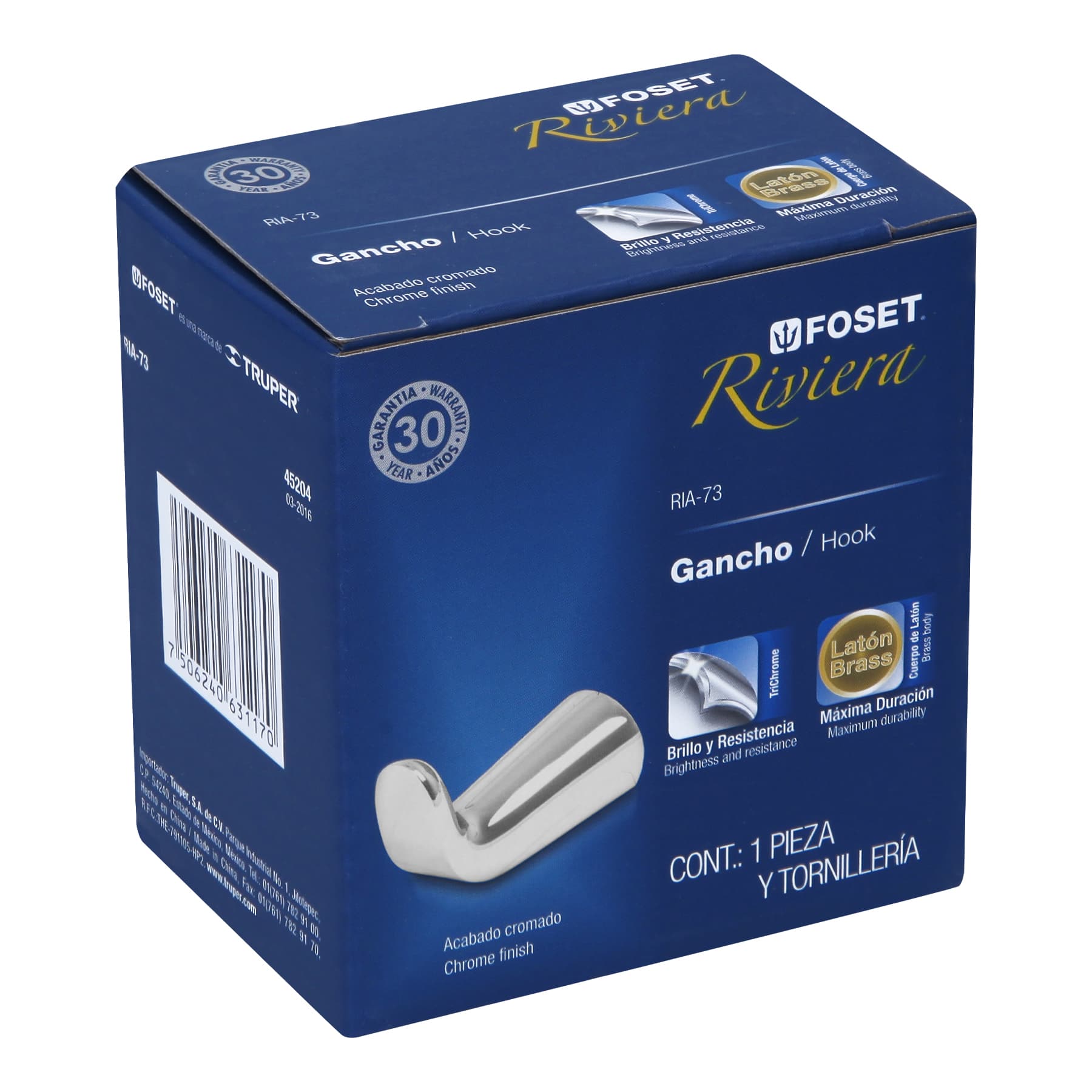 Gancho sencillo de latón acabado cromo para toalla, Riviera