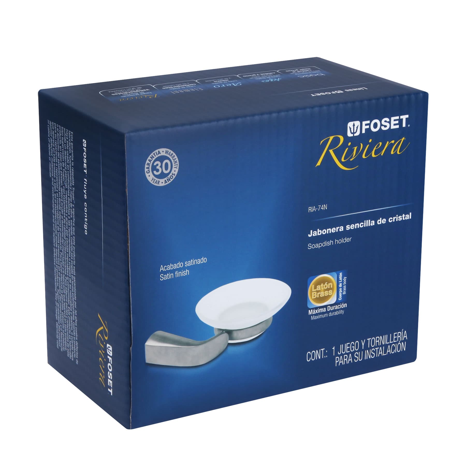 Jabonera de latón acabado satín con plato de vidrio, Riviera