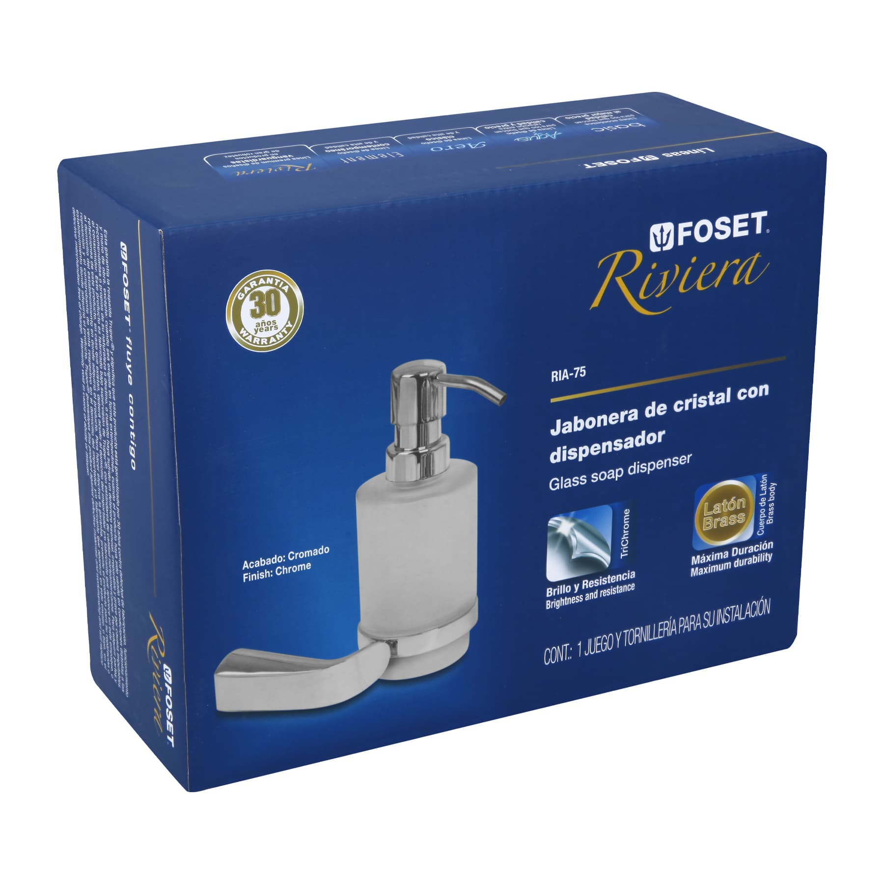 Dispensador de jabón a pared de latón cromado, Riviera