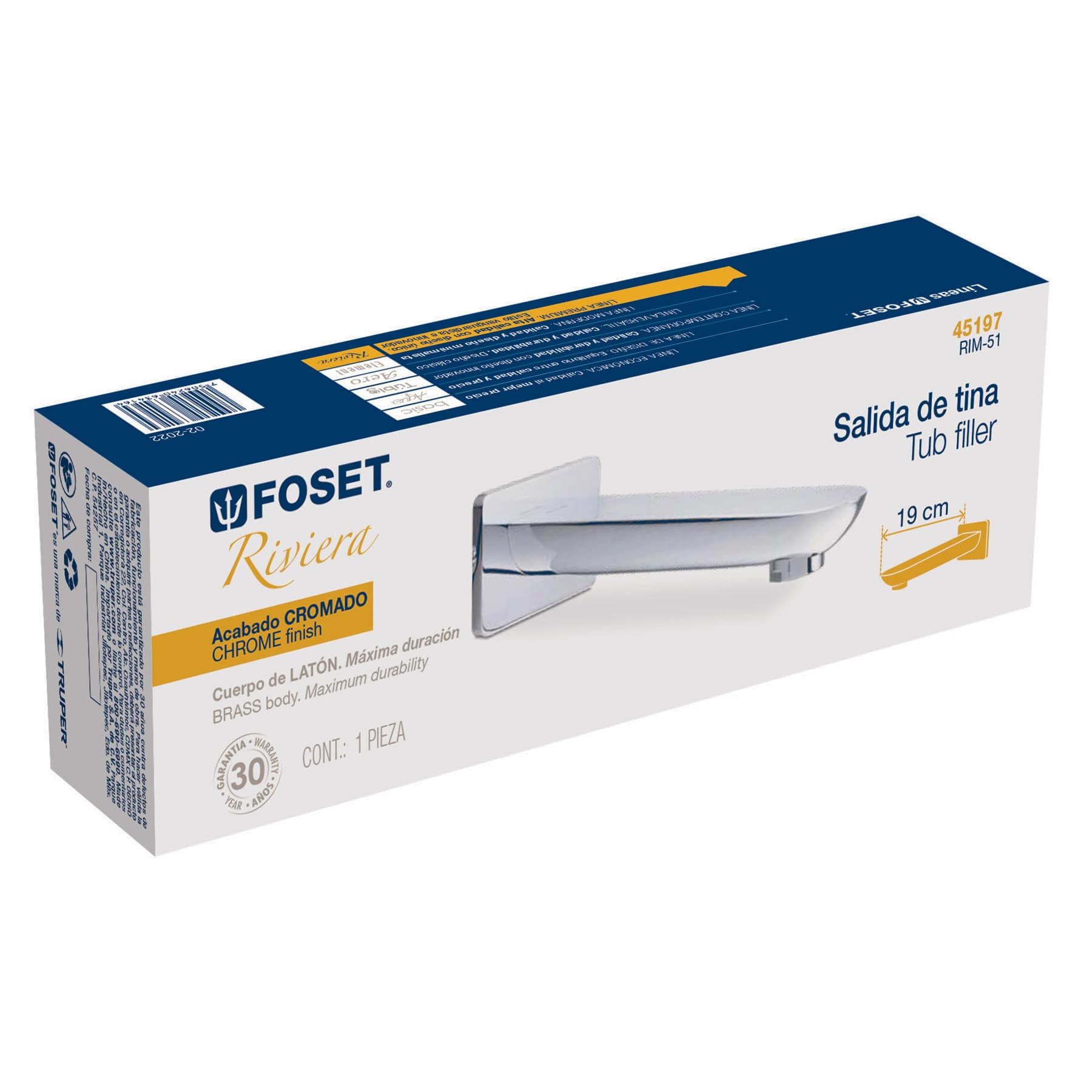 Salida de tina sin desviador, cromo, Foset RIVIERA